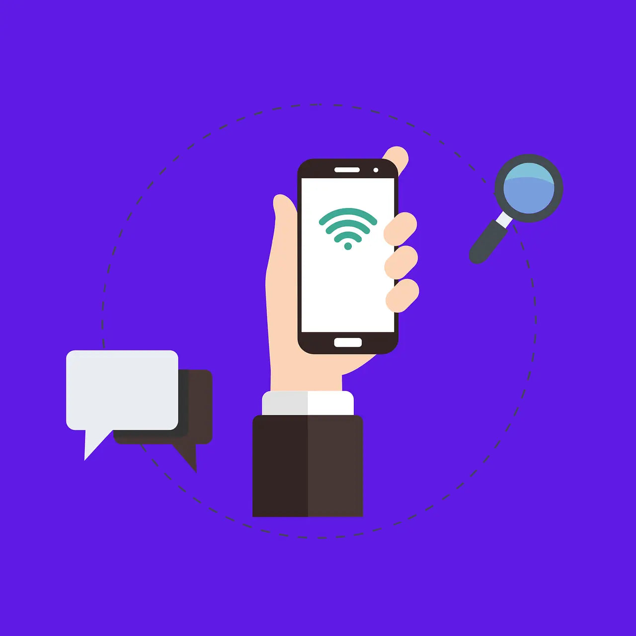 Illustration of a hand holding a smartphone with a Wi-Fi icon, surrounded by a magnifying glass and chat bubbles, representing smart device connectivity or troubleshooting support.