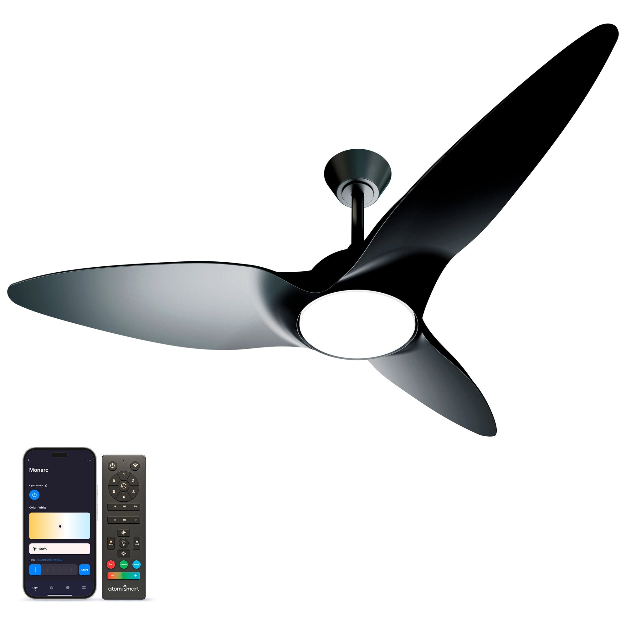 Monarc Smart Ceiling Fan in pearl black finish, shown alongside the Atomi Smart app for light and brightness control #finish_pearl-black