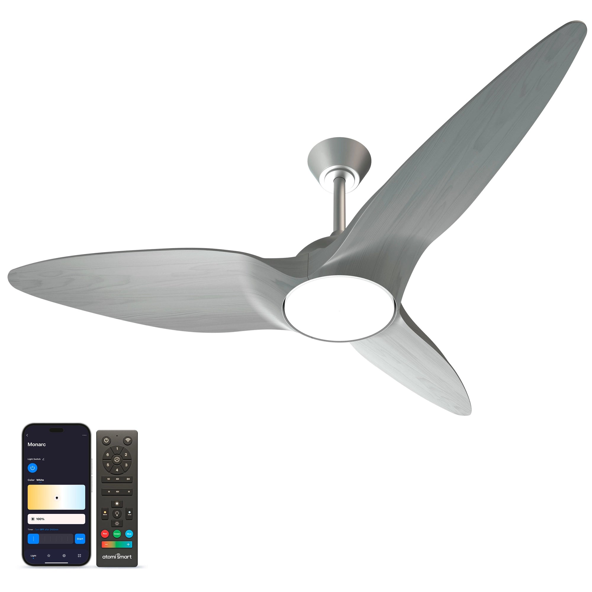 Monarc Smart Ceiling Fan in silver grey finish, shown alongside the Atomi Smart app for light and brightness control #finish_silver-grey