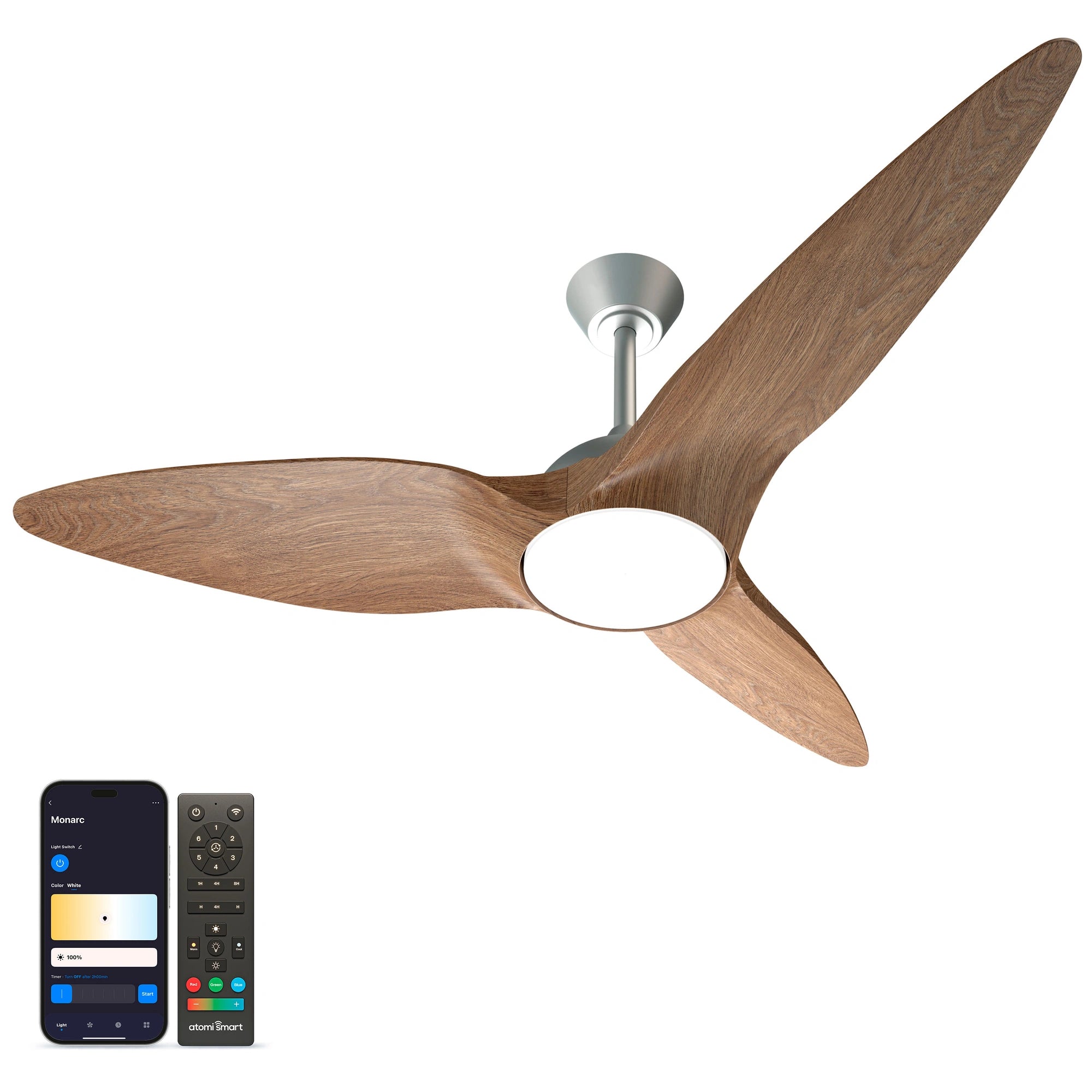 Monarc Smart Ceiling Fan in walnut wood finish, shown alongside the Atomi Smart app for light and brightness control #finish_walnut-wood