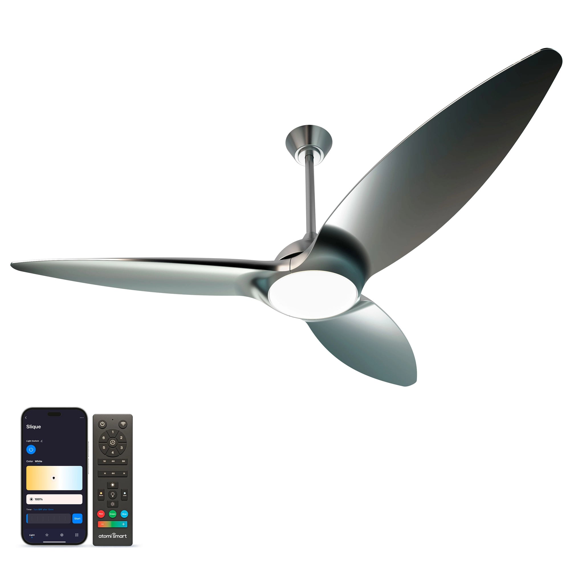 Slique Smart Outdoor Ceiling Fan in silver finish, shown alongside the Atomi Smart app for light and brightness control #finish_silver