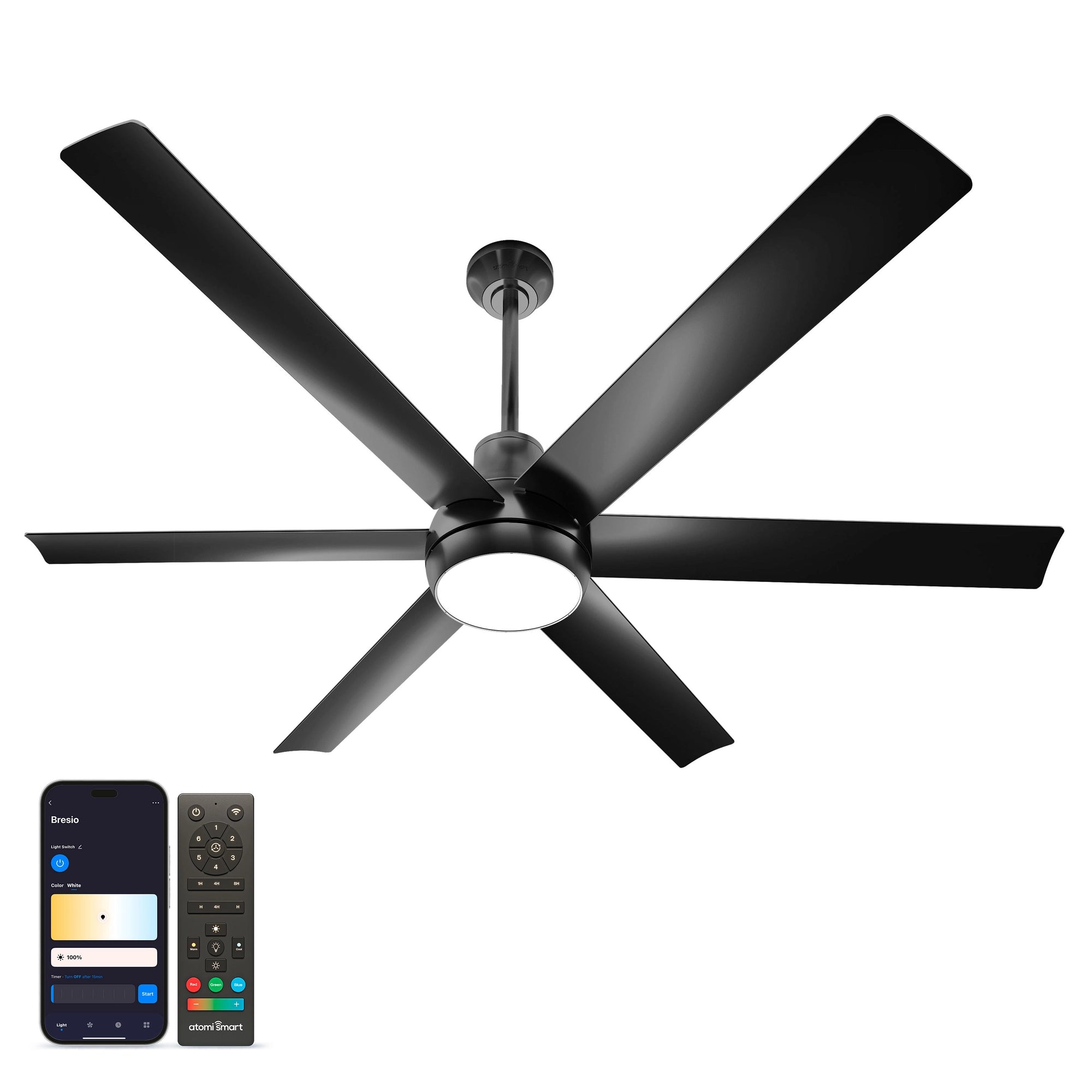 Bresio 60 Inch Smart Outdoor Ceiling Fan in pearl black finish, shown alongside the Atomi Smart app for light and brightness control #finish_pearl-black