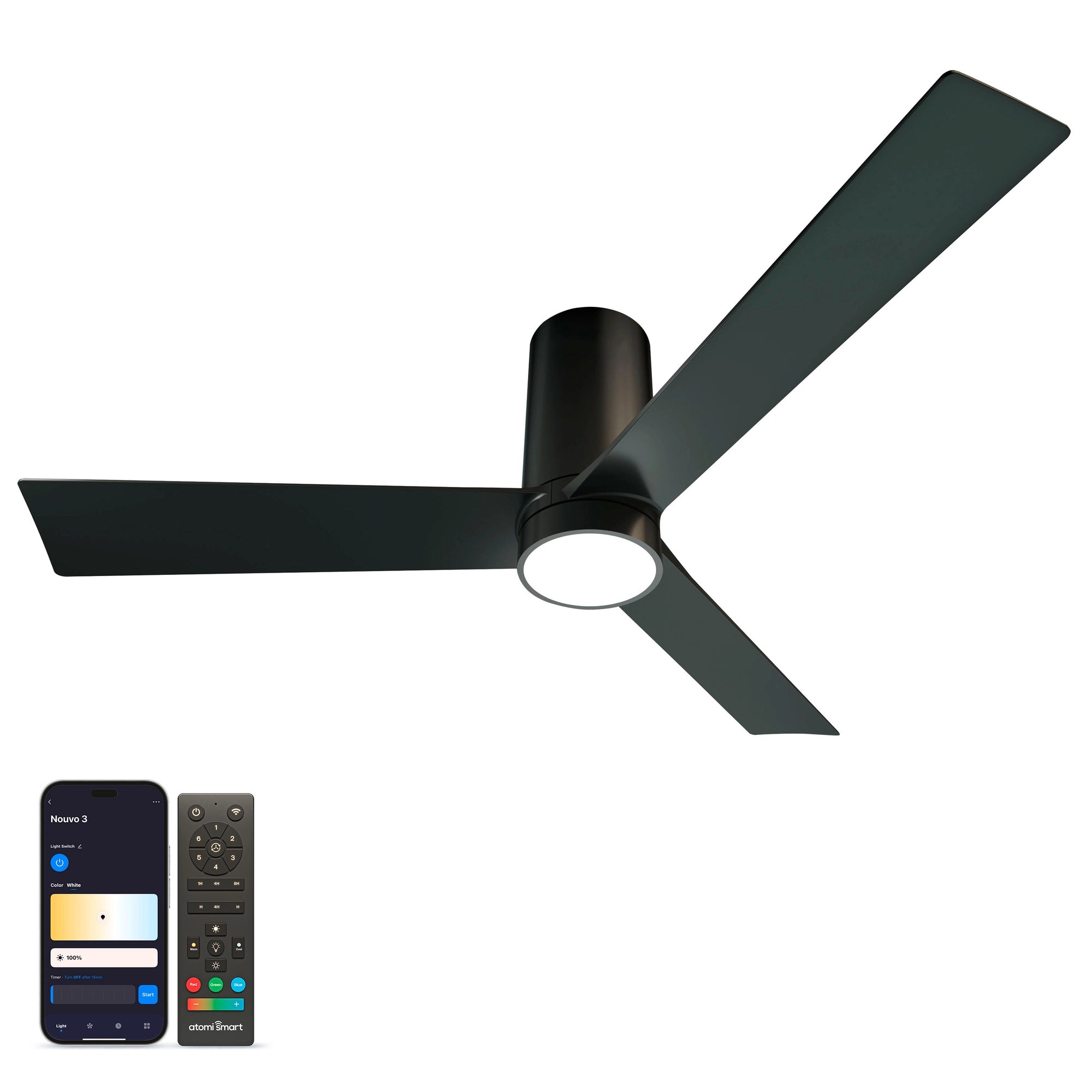 Nouvo³ Smart Flush Mount Ceiling Fan in pearl black finish, shown alongside the Atomi Smart app for light and brightness control #finish_pearl-black