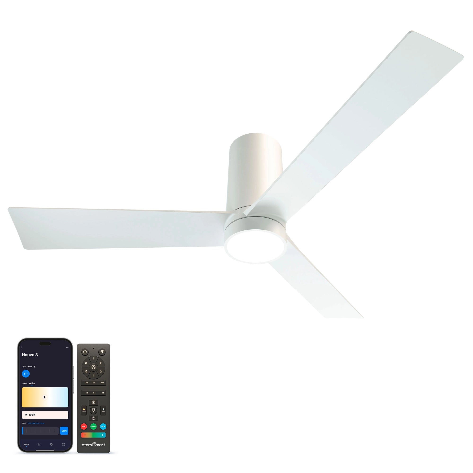 Nouvo³ Smart Flush Mount Ceiling Fan in pearl white finish, shown alongside the Atomi Smart app for light and brightness control #finish_pearl-white