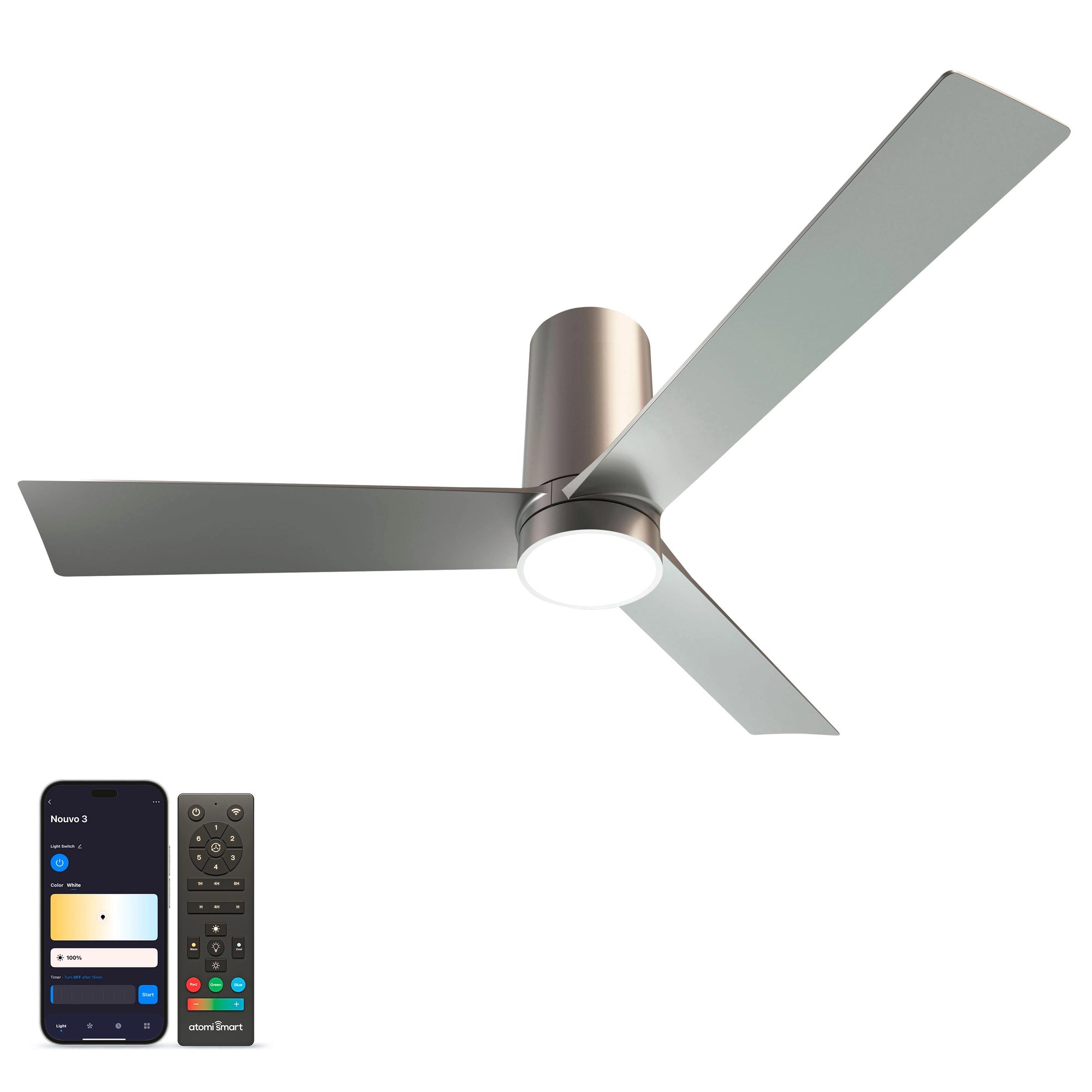 Nouvo³ Smart Flush Mount Ceiling Fan in silver finish, shown alongside the Atomi Smart app for light and brightness control #finish_silver
