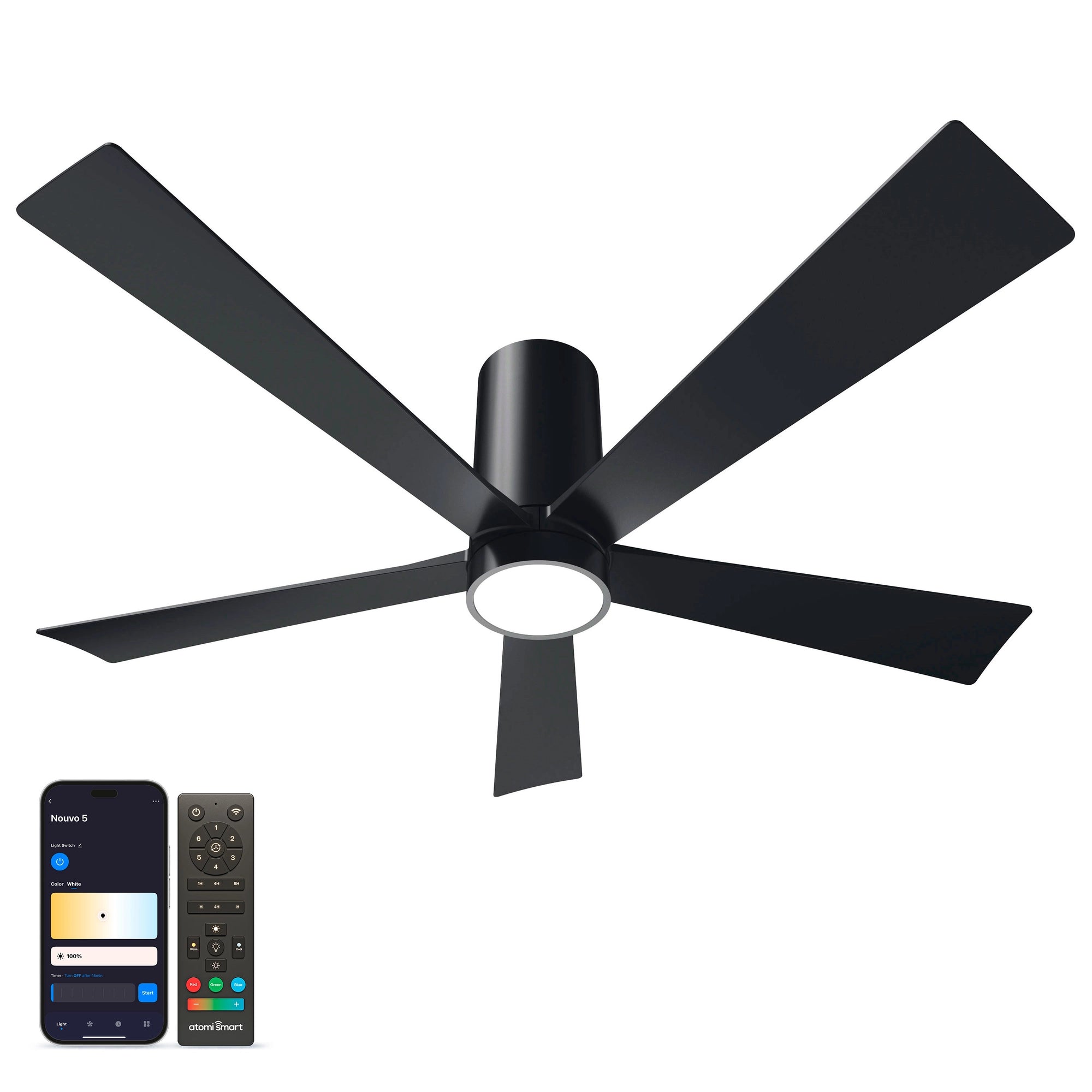 Nouvo⁵ Smart Flush Mount Ceiling Fan in pearl black finish, shown alongside the Atomi Smart app for light and brightness control #finish_pearl-black