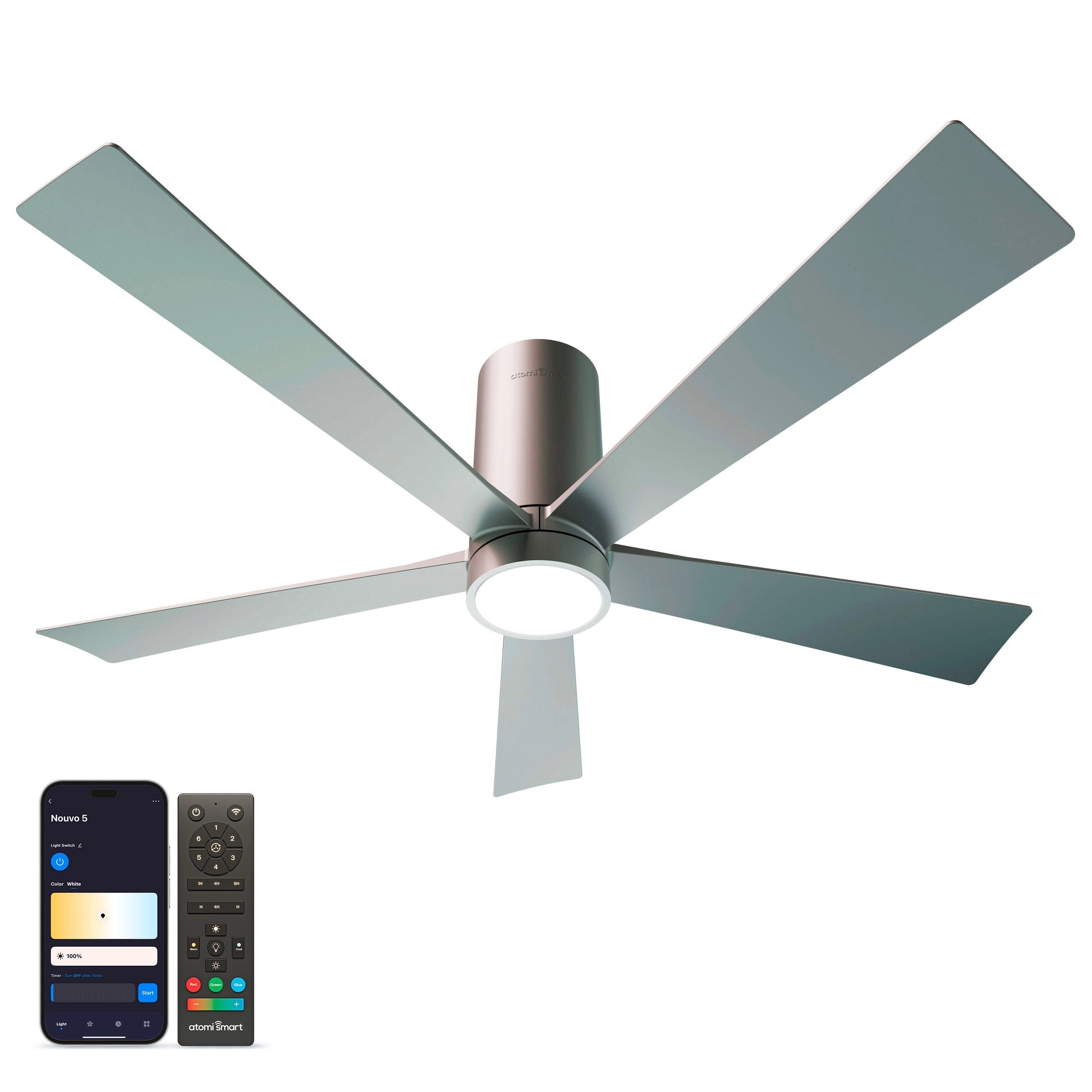 Nouvo⁵ Smart Flush Mount Ceiling Fan in silver finish, shown alongside the Atomi Smart app for light and brightness control #finish_silver