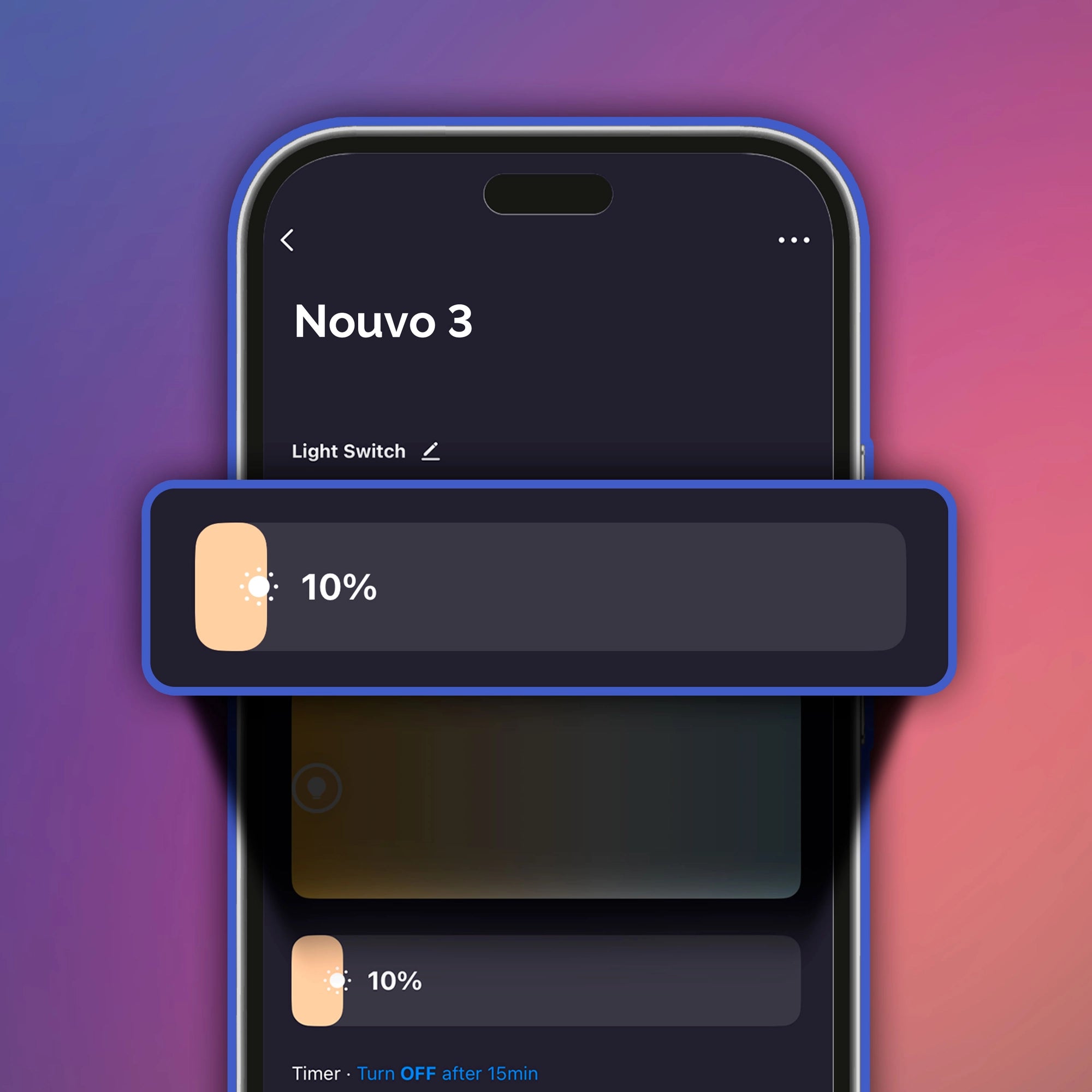 Smartphone screen showing Atomi Smart app interface for Nouvo³ fan, with dimmable light set to 10% brightness