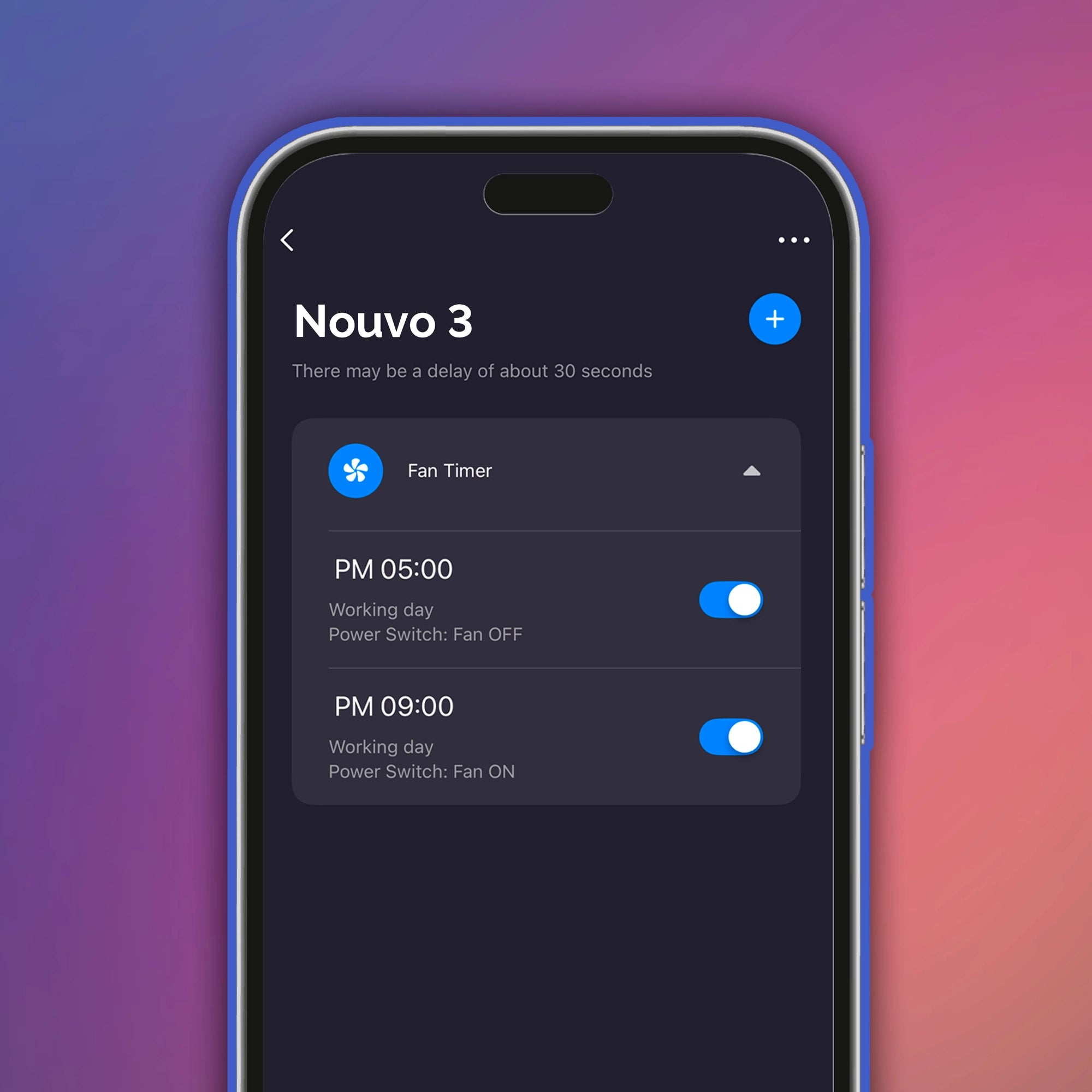 Atomi Smart app interface displaying fan timer settings, with power scheduled to turn on and off automatically