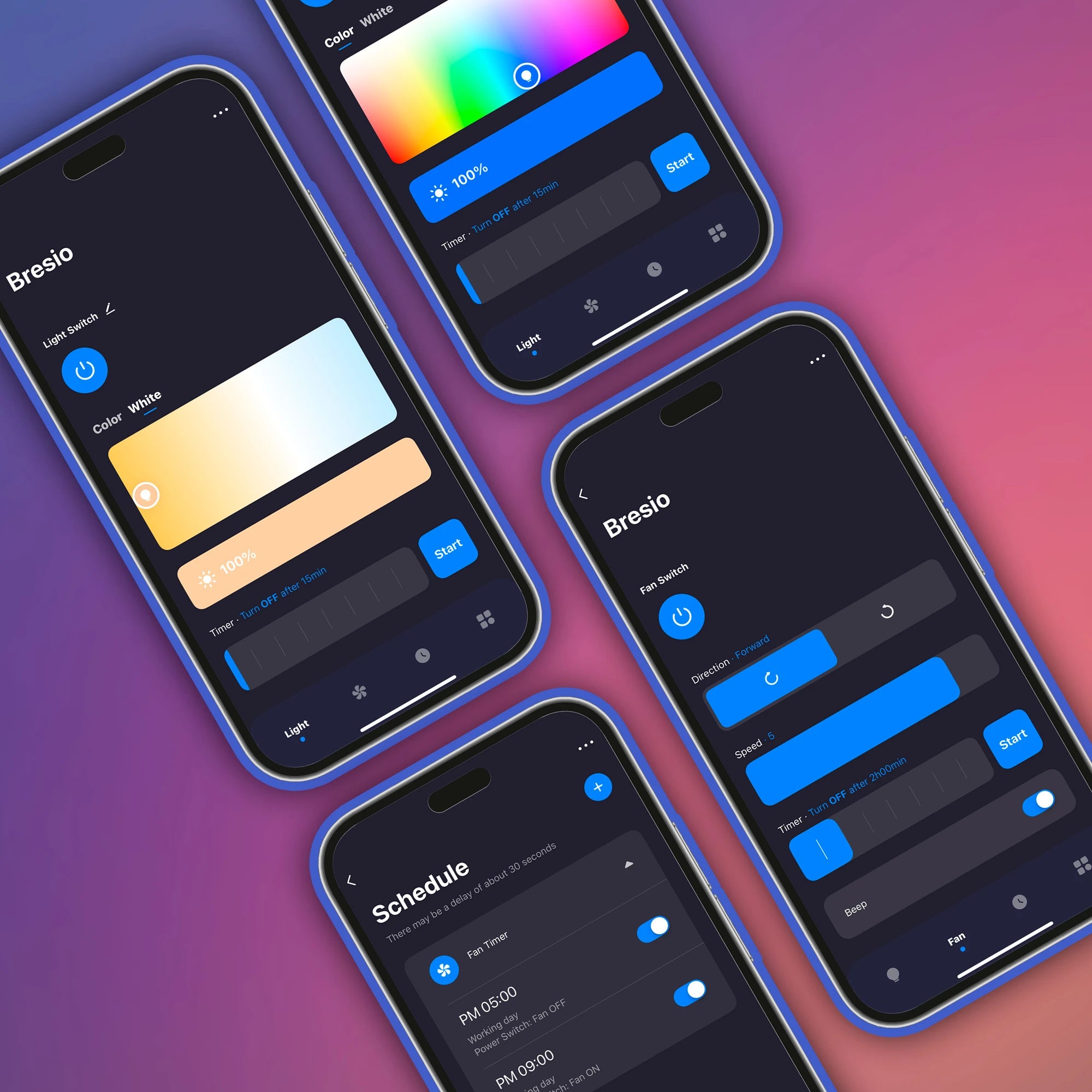 Multiple smartphones displaying the Atomi Smart app interface with fan controls, lighting color sliders, scheduling, and speed settings, highlighting app-based and remote control for a smart ceiling fan.