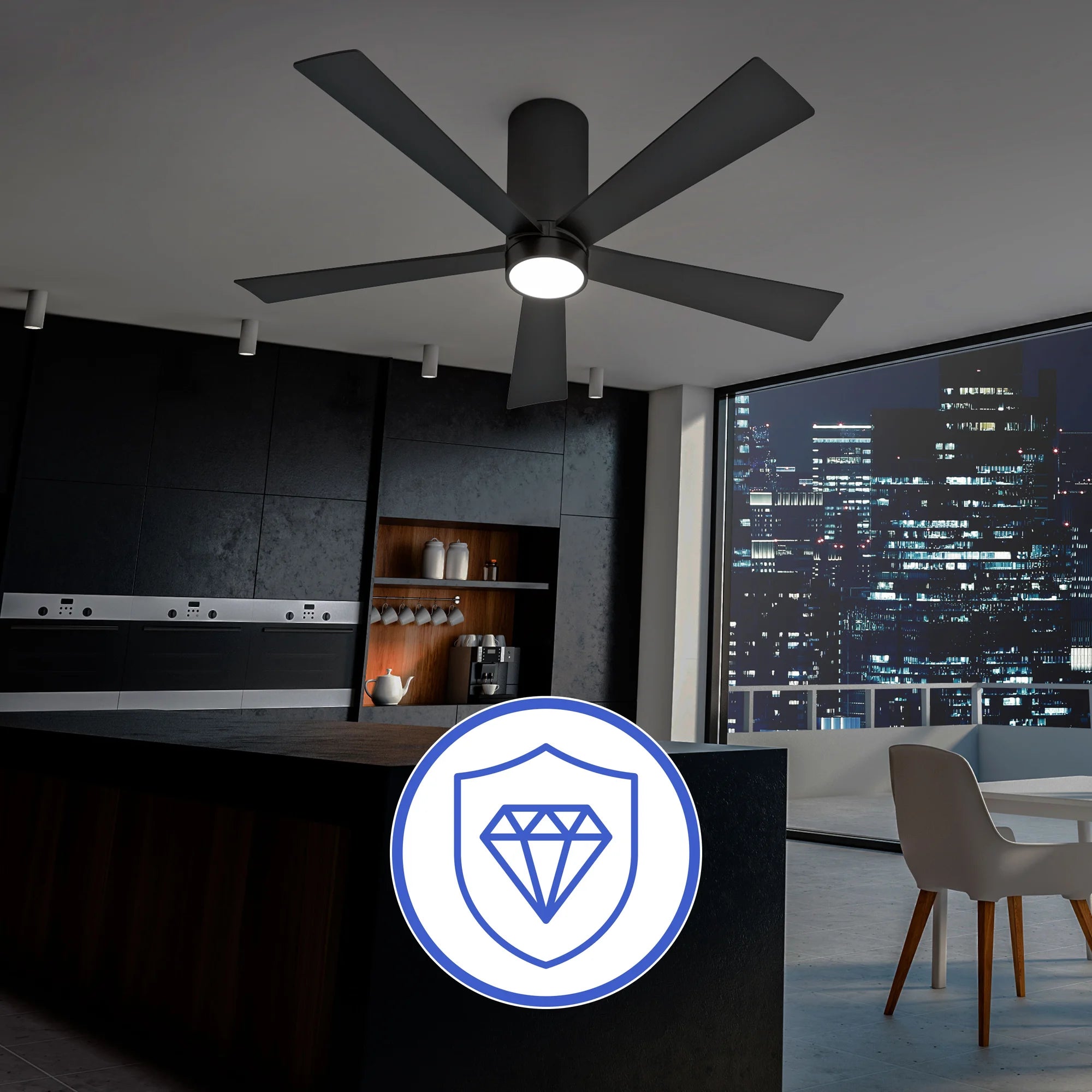 A dark-toned kitchen with cityscape views features the Nouvo⁵ Smart Flush Mount Ceiling Fan. A shield icon with a diamond symbol indicates the fan's durability and premium build quality.