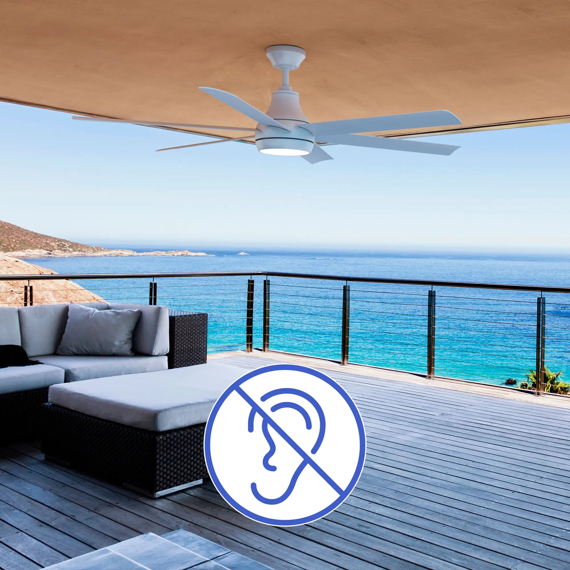 Bresio Ceiling Fan installed on a shaded coastal deck with lounge seating, emphasizing whisper-quiet performance and year-round airflow; a blue ear-with-slash icon represents silent operation.