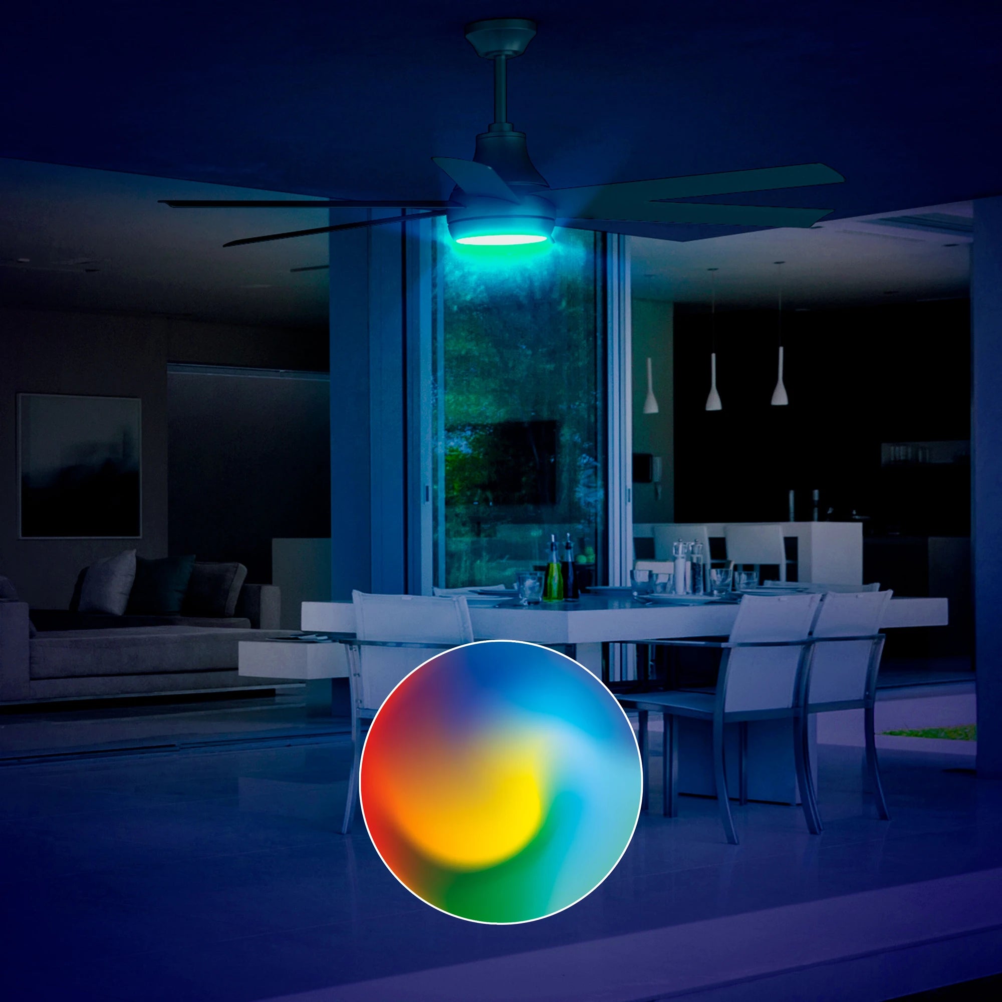 Bresio Ceiling Fan with integrated RGB-CCT LED lighting glowing teal above a patio dining setup at night, with a circular multicolor icon highlighting customizable smart lighting features.