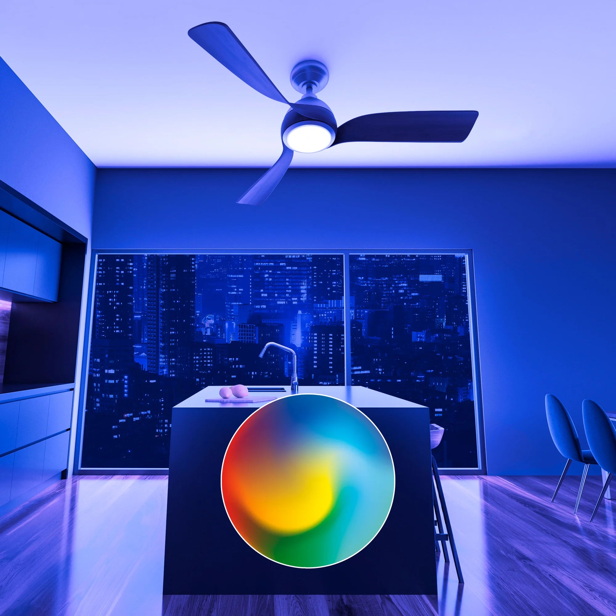 A modern kitchen lit in deep blue hues features the Flora Smart Ceiling Fan with a glowing light. A vibrant color wheel icon highlights the RGB color customization feature.
