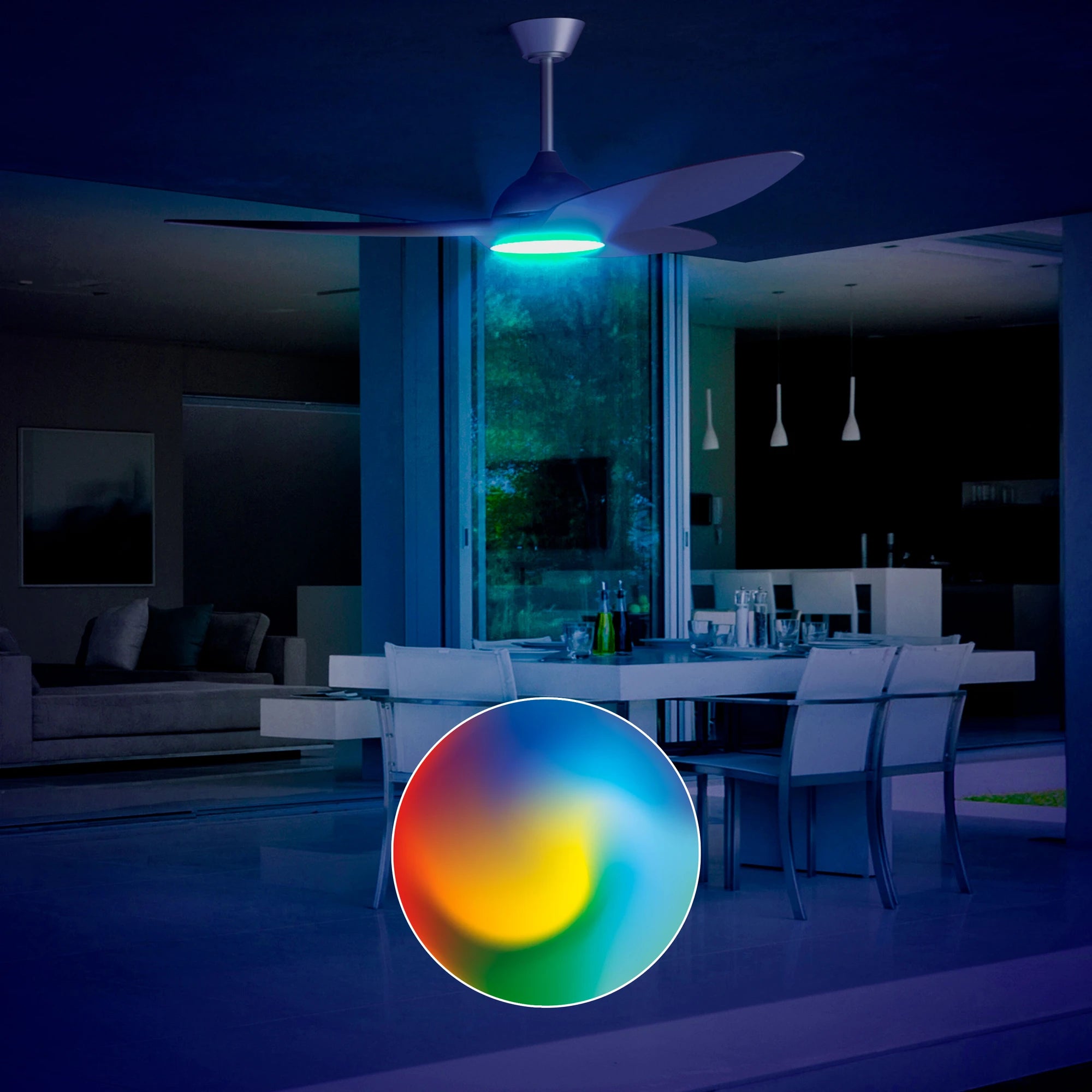 Slique Ceiling Fan with integrated RGB-CCT LED lighting glowing teal above a patio dining setup at night, with a circular multicolor icon highlighting customizable smart lighting features.