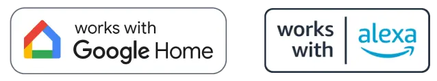 Badges showing compatibility with Google Home and Amazon Alexa.