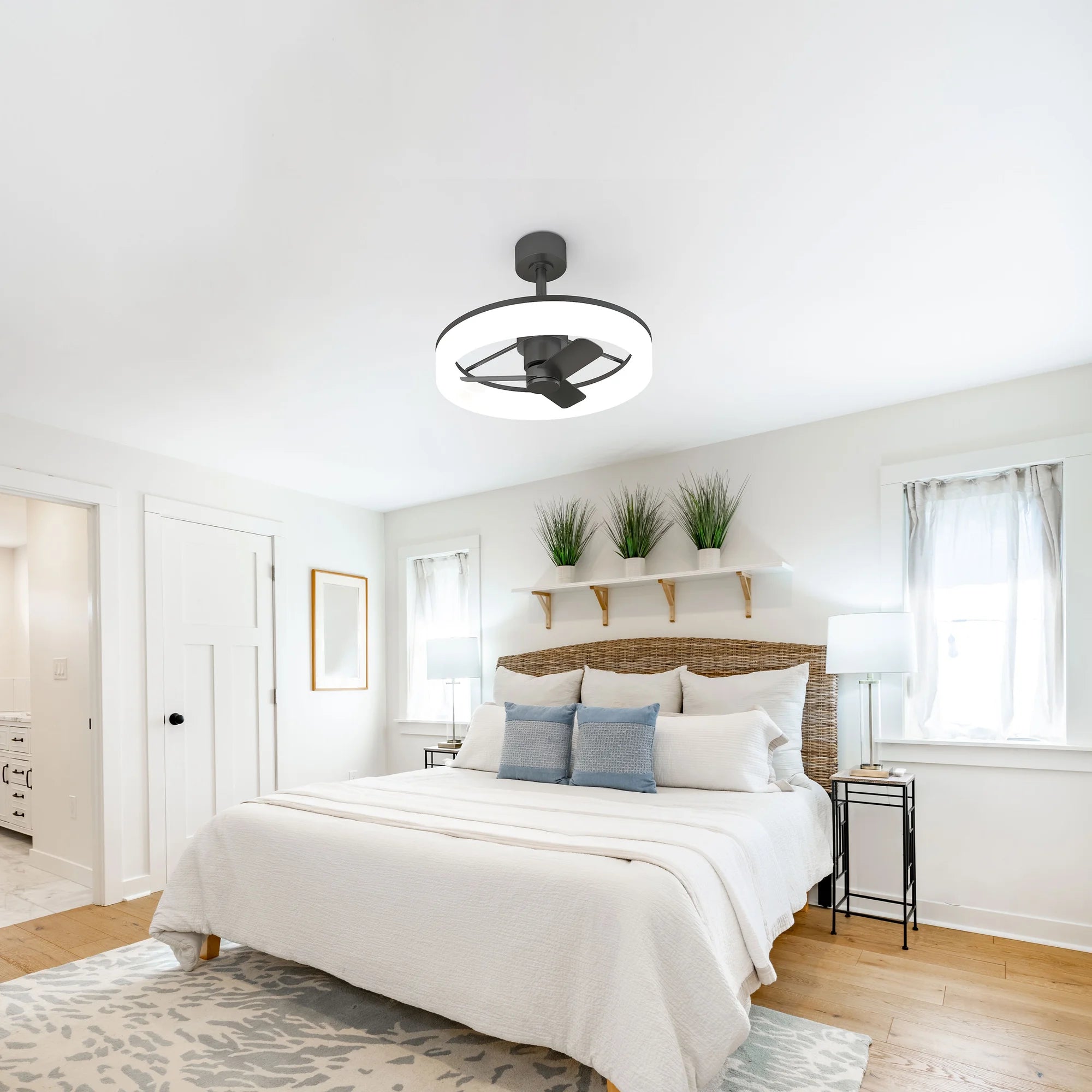 Ventosus Smart Ceiling Light + Fan  (model AT2611) in pearl black, installed in a bedroom 