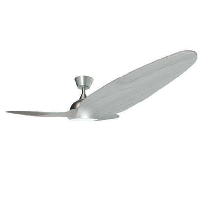 Angled side view of the Monarc Smart Ceiling Fan highlighting aerodynamic blade design and silver grey finish 