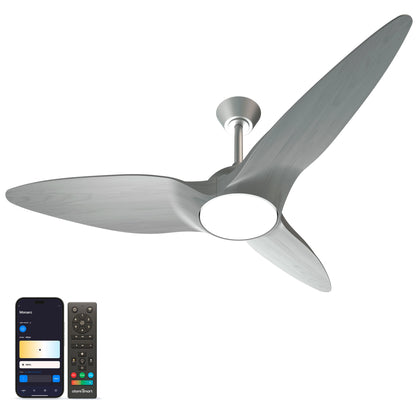 Monarc Smart Ceiling Fan in silver grey finish, shown alongside the Atomi Smart app for light and brightness control 