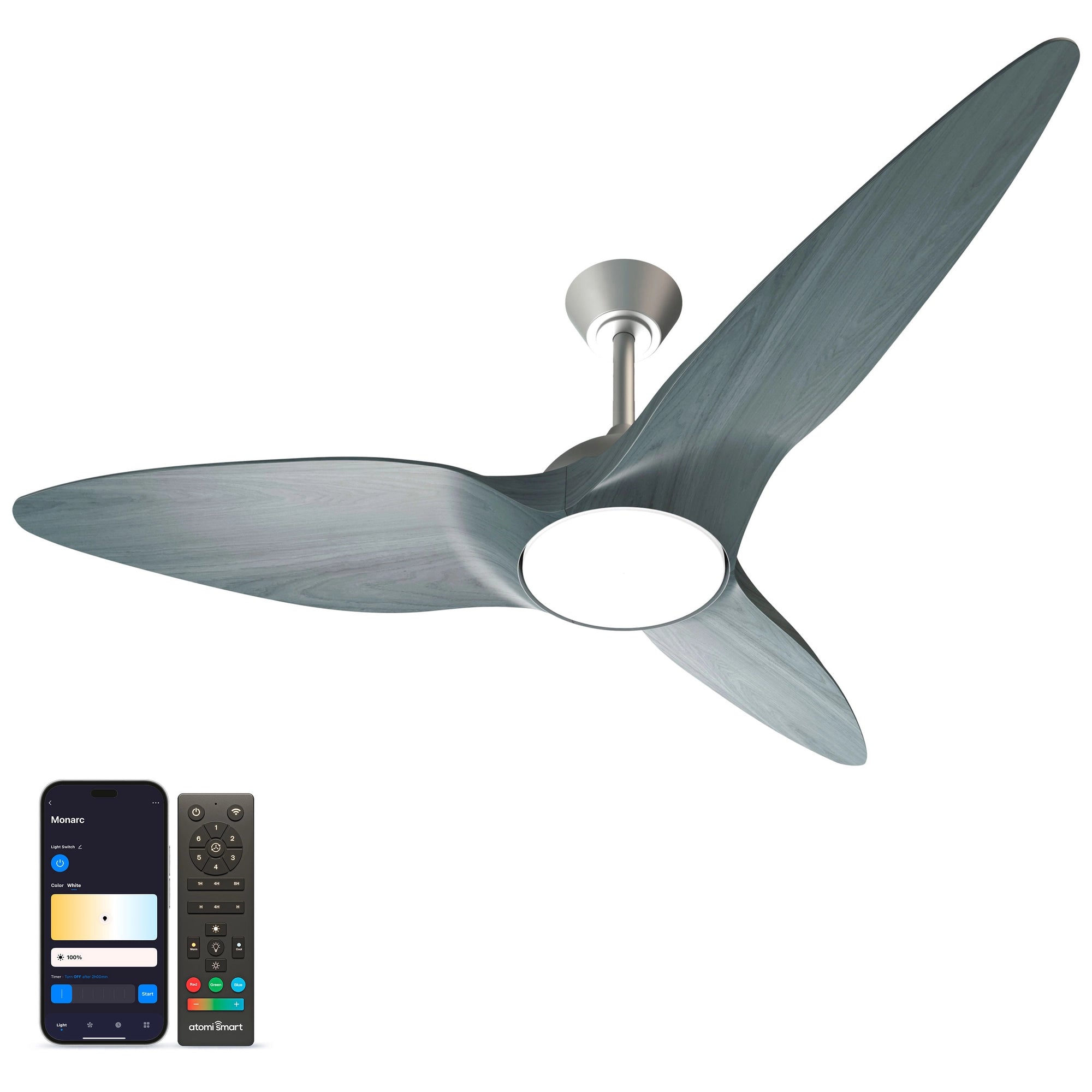 Monarc Smart Ceiling Fan in slate grey finish, shown alongside the Atomi Smart app for light and brightness control #finish_slate-grey