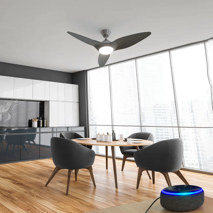 Monarc Smart Ceiling Fan installed in a modern dining area with large windows and minimalist decor 