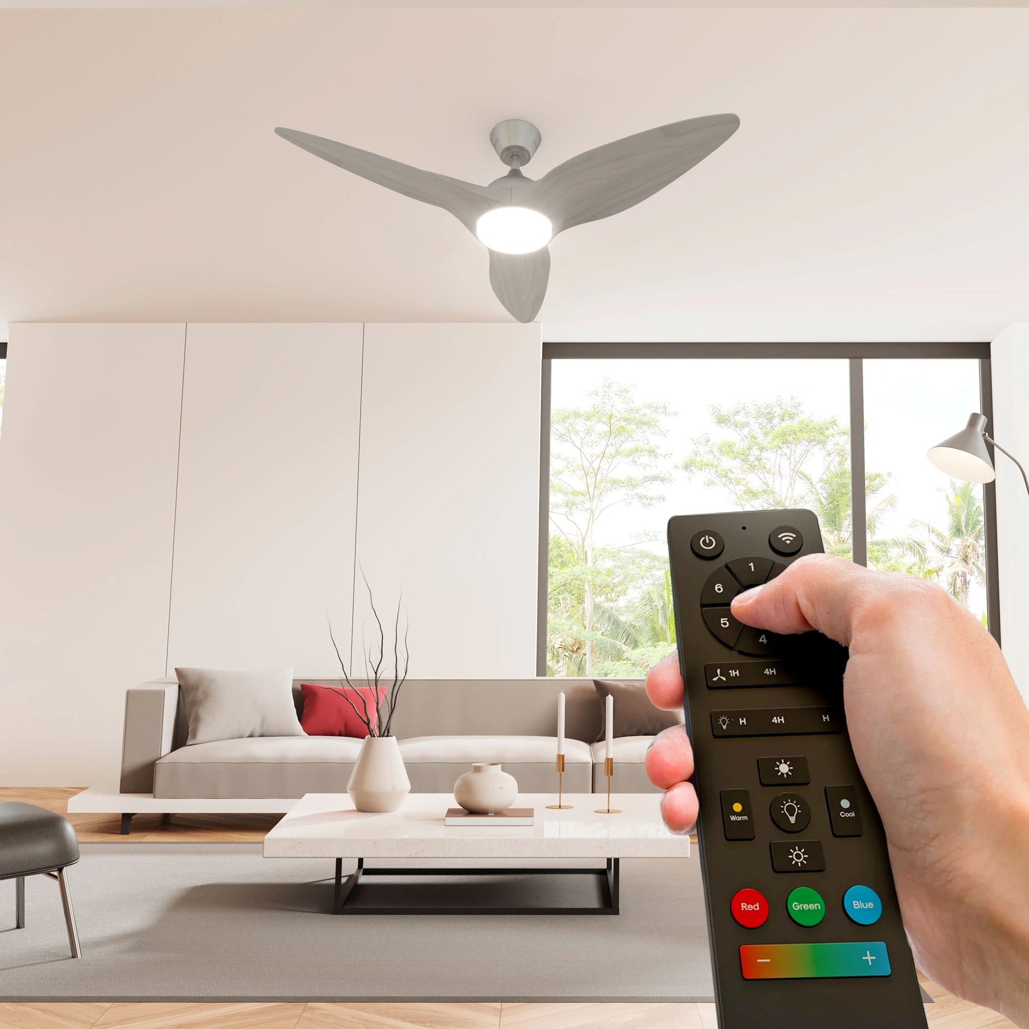 Monarc Smart Ceiling Fan installed in a modern living room with large windows and minimalist decor 