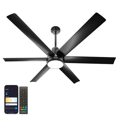Bresio 60 Inch Smart Outdoor Ceiling Fan in pearl black finish, shown alongside the Atomi Smart app for light and brightness control 