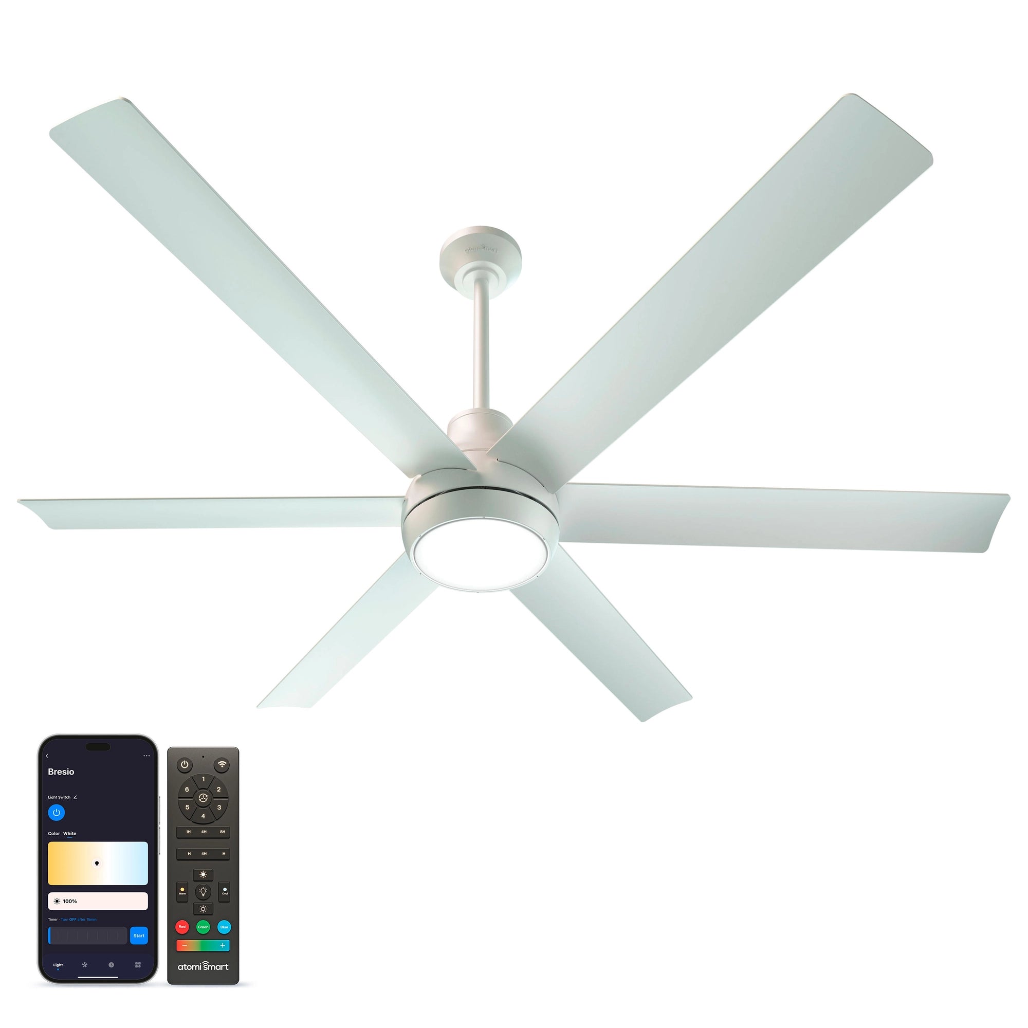 Bresio 60 Inch Smart Outdoor Ceiling Fan in pearl white finish, shown alongside the Atomi Smart app for light and brightness control 