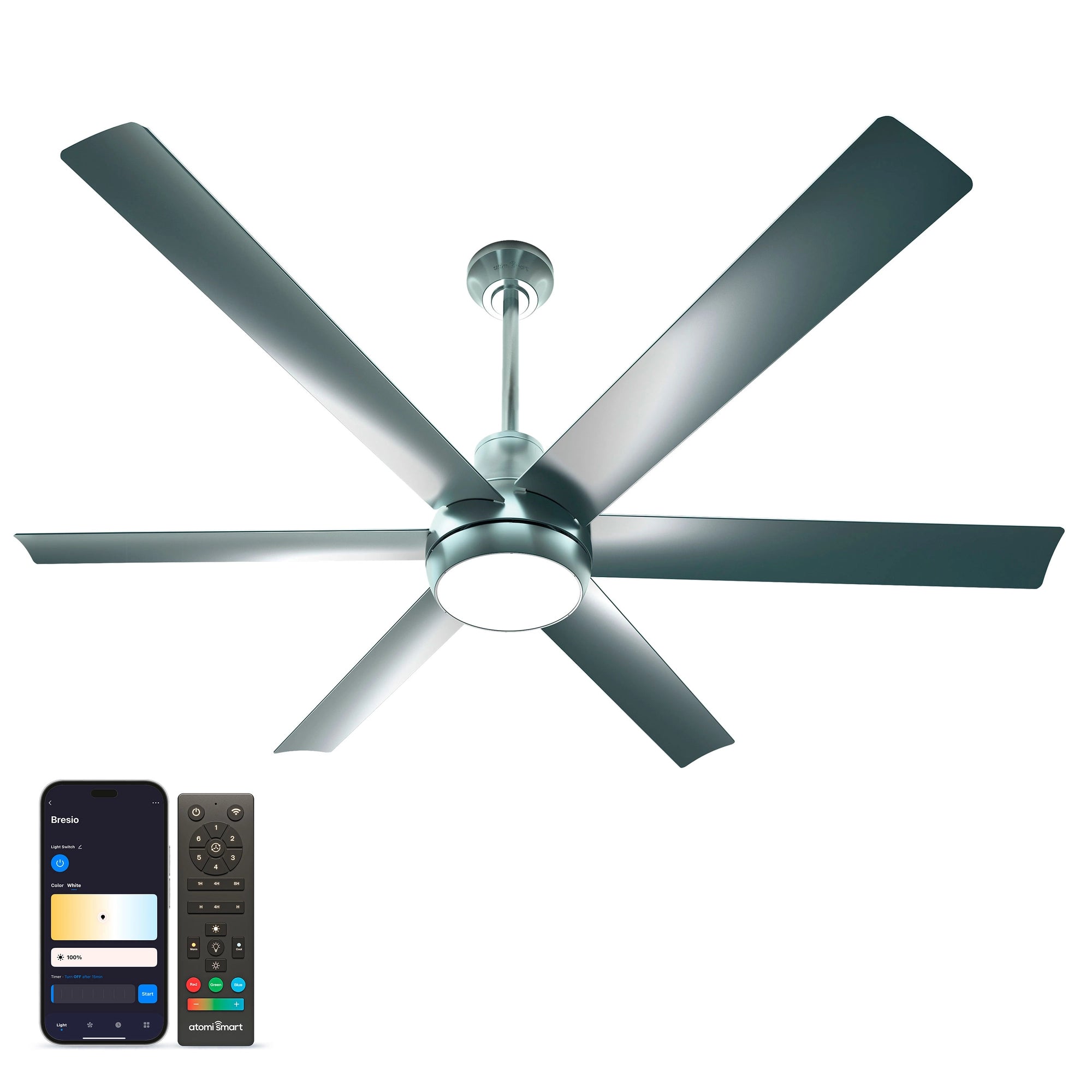 Bresio 60 Inch Smart Outdoor Ceiling Fan in silver finish, shown alongside the Atomi Smart app for light and brightness control 