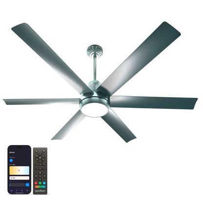 Bresio 60 Inch Smart Outdoor Ceiling Fan in silver finish, shown alongside the Atomi Smart app for light and brightness control 