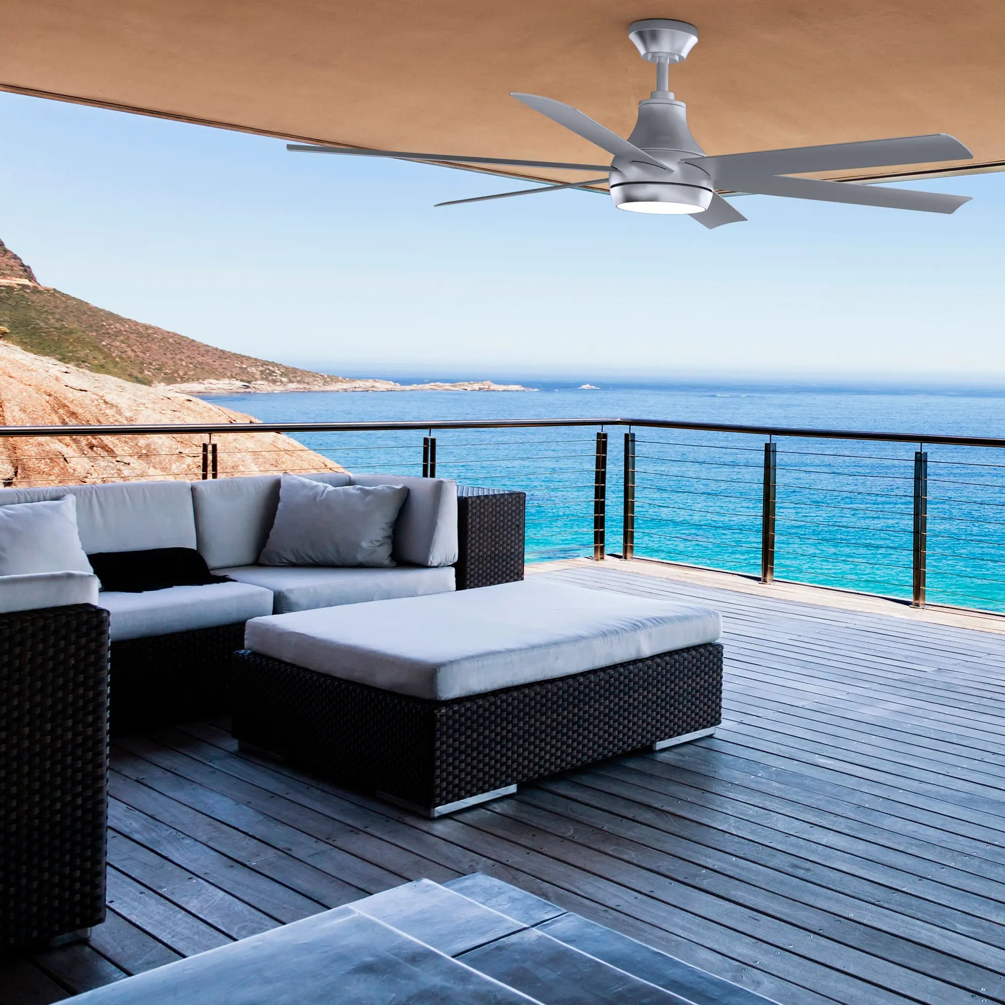 Bresio 60 Inch Smart Outdoor Ceiling Fan installed in a modern patio 