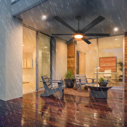 Bresio 60 Inch Smart Outdoor Ceiling Fan installed in a modern deck, on a rainy day 