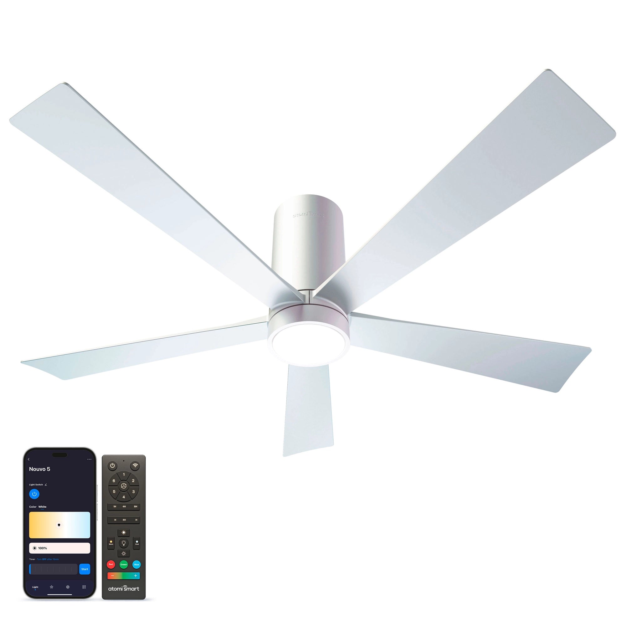 Nouvo⁵ Smart Flush Mount Ceiling Fan in pearl white finish, shown alongside the Atomi Smart app for light and brightness control 