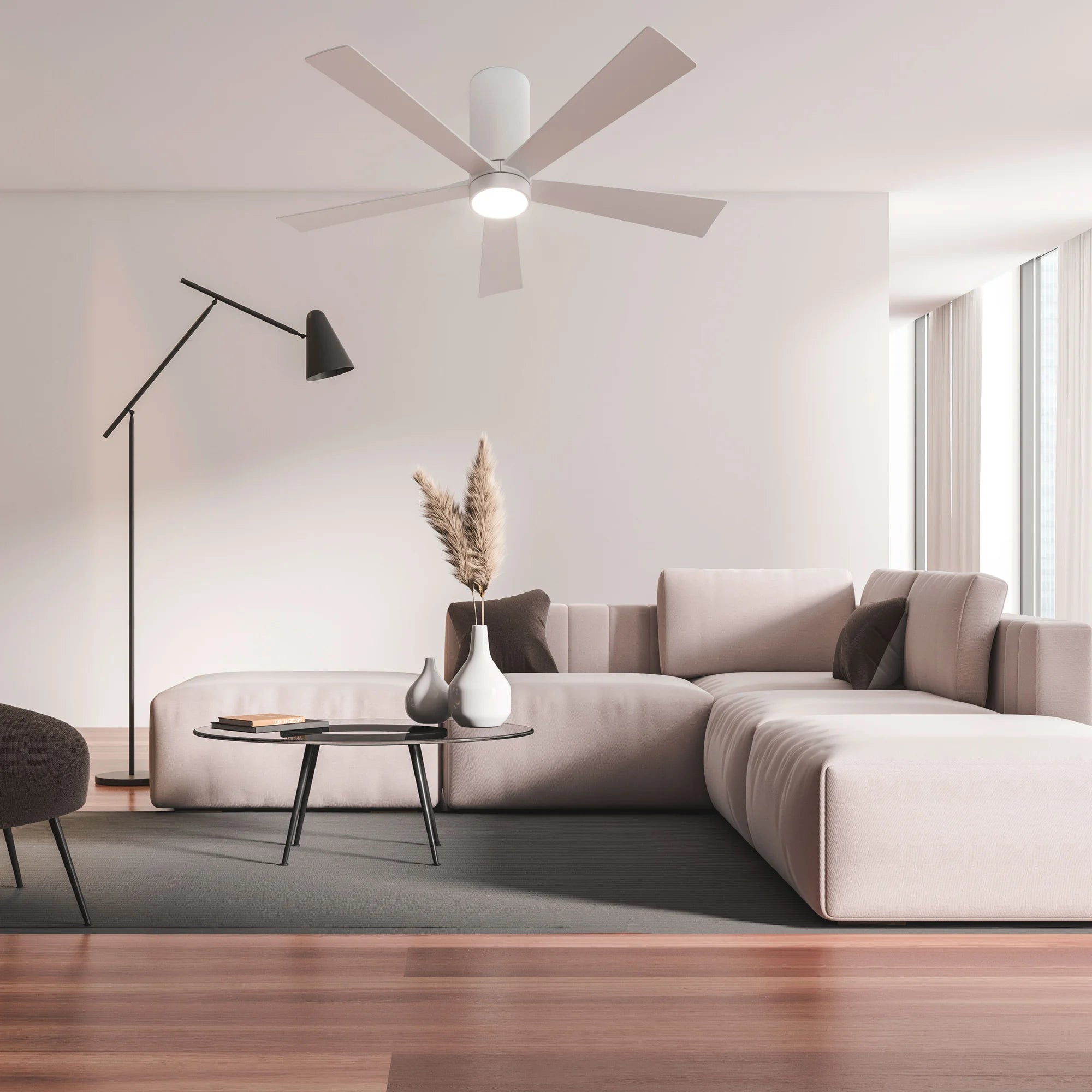 Nouvo⁵ Smart Flush Mount Ceiling Fan installed in a modern living room with minimalist decor 