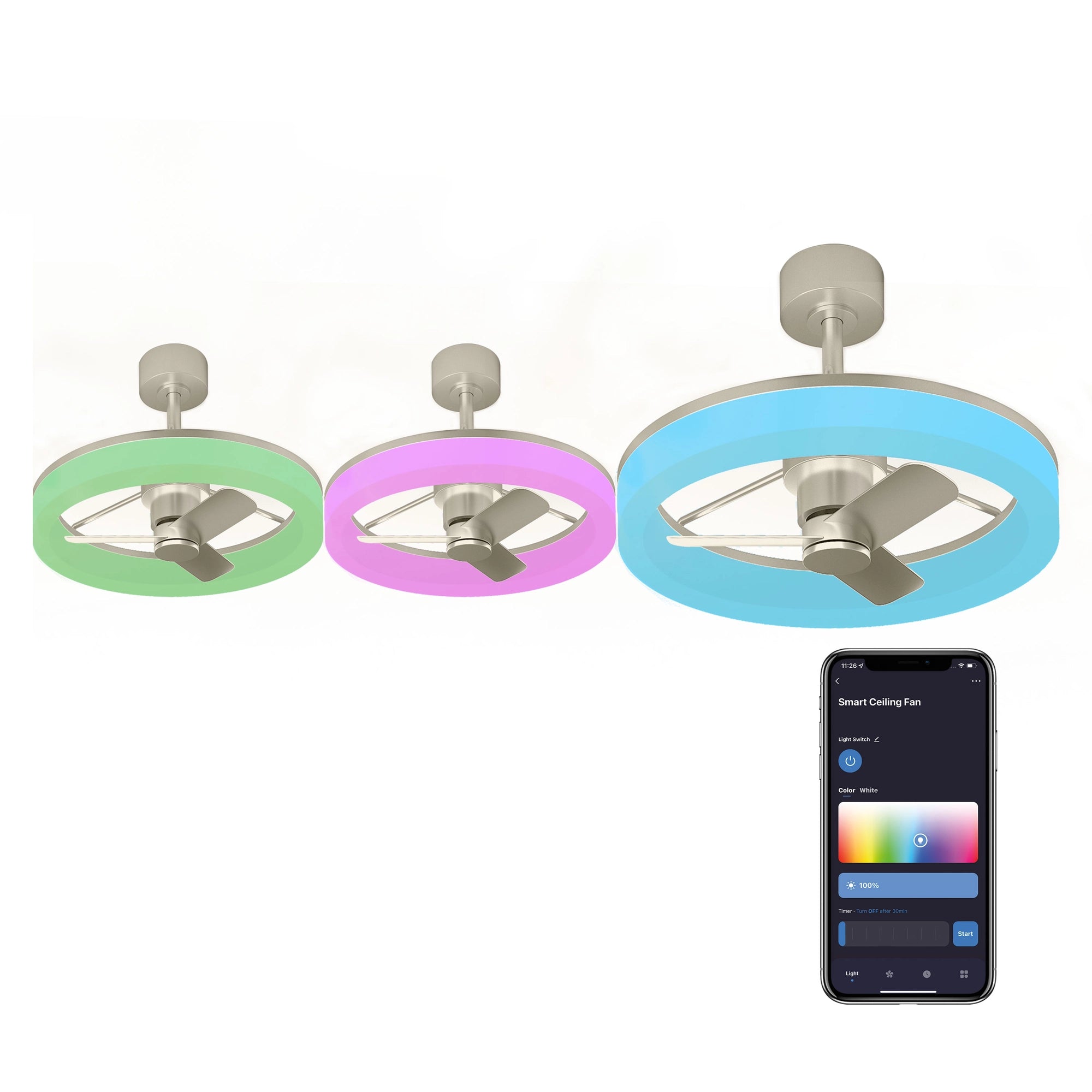 Close-up of Ventosus Smart Ceiling Light + Fan in nickel finish with three fan lights glowing green, pink, and blue, shown with the Atomi Smart app controlling RGB color settings 