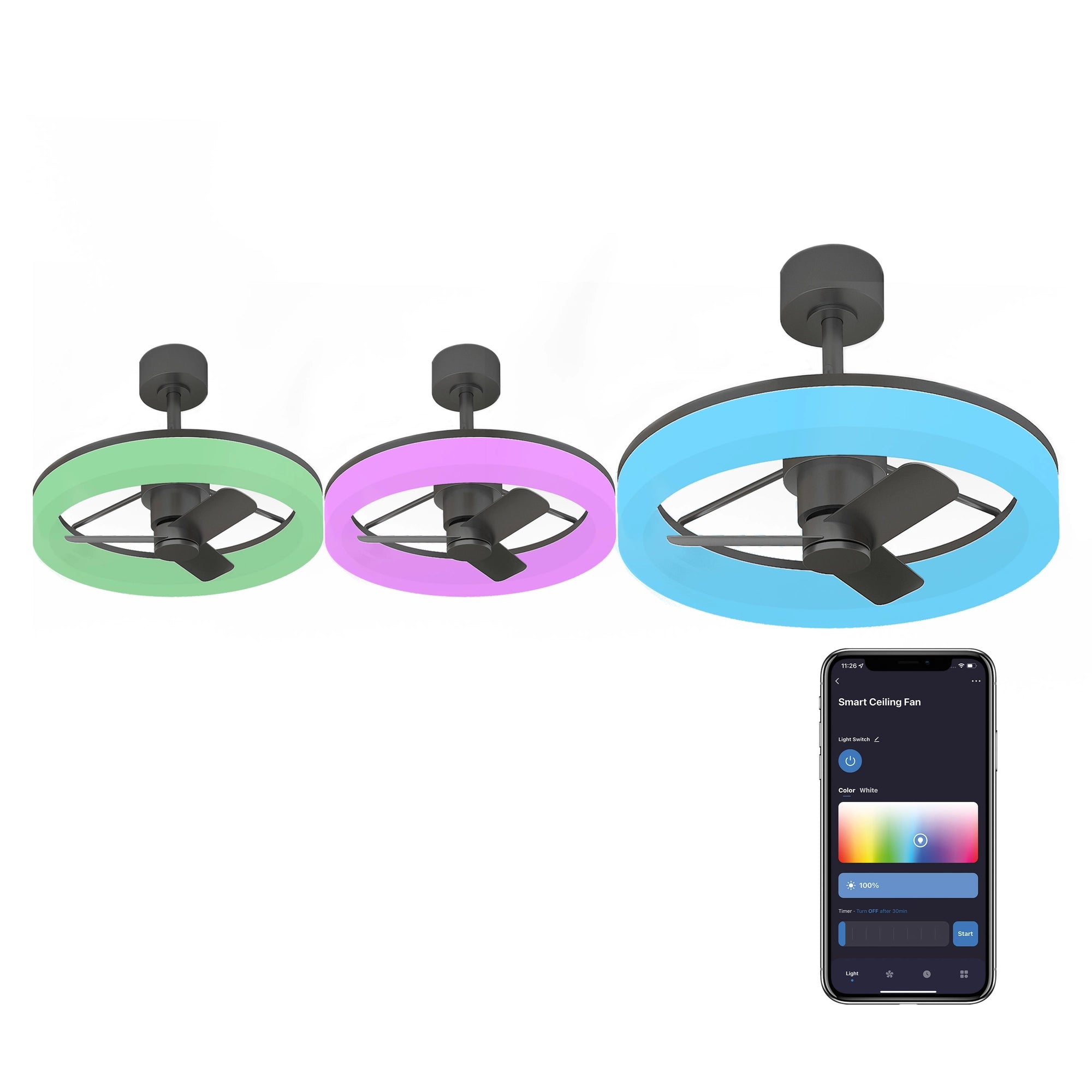 Close-up of Ventosus Smart Ceiling Light + Fan in pearl black finish with three fan lights glowing green, pink, and blue, shown with the Atomi Smart app controlling RGB color settings 