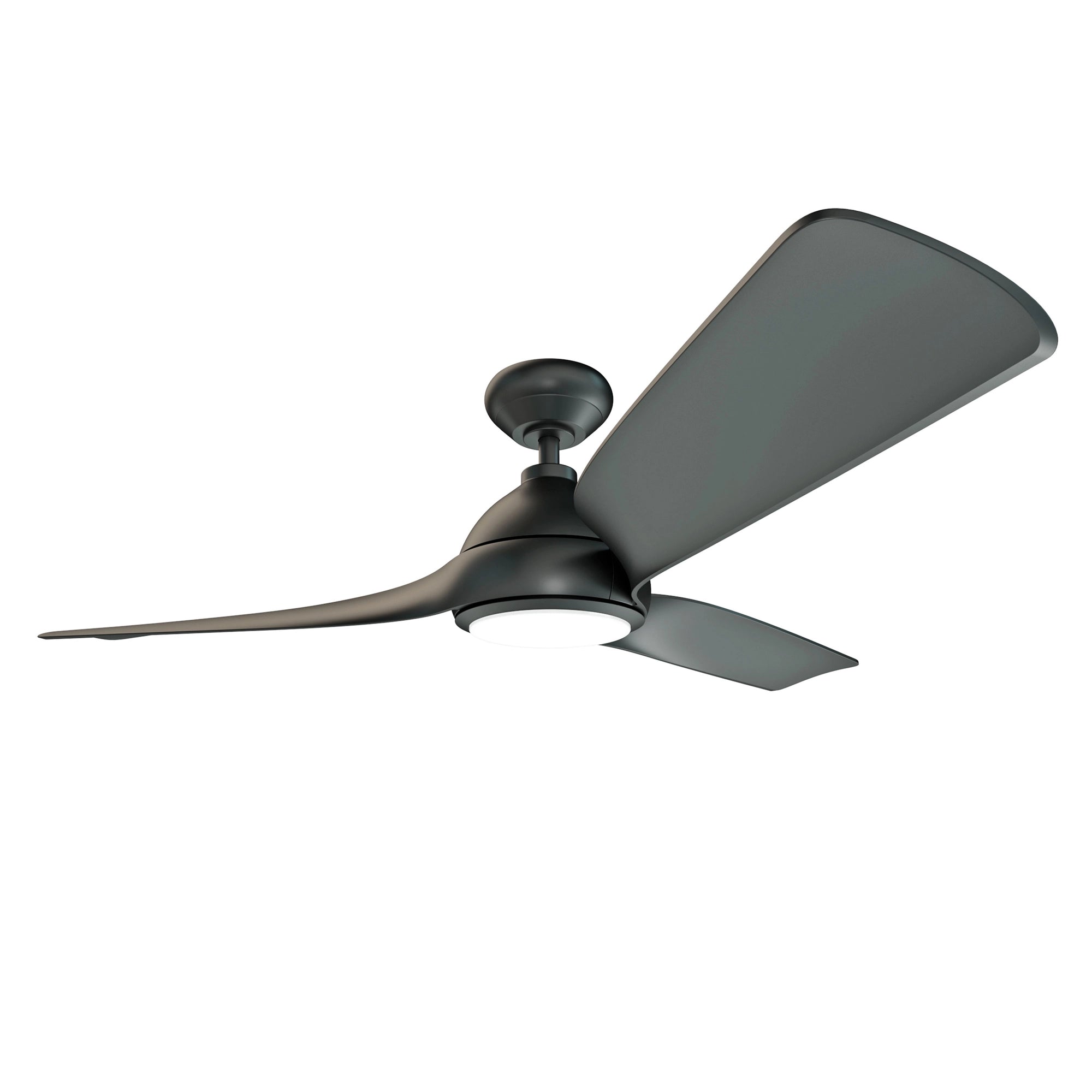 Angled side view of the Flora Smart Ceiling Fan highlighting aerodynamic blade design and pearl black finish 