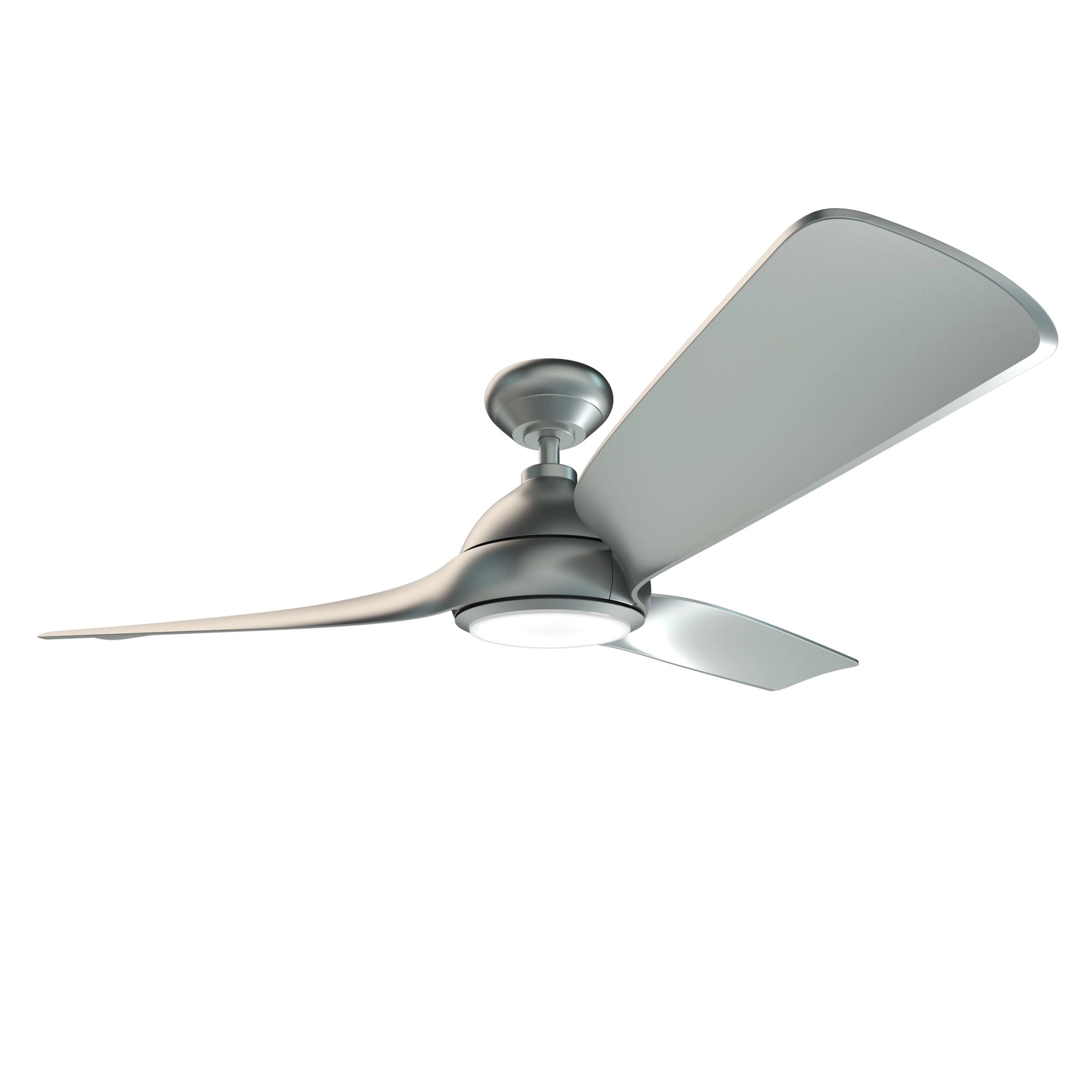 Angled side view of the Flora Smart Ceiling Fan highlighting aerodynamic blade design and silver finish 