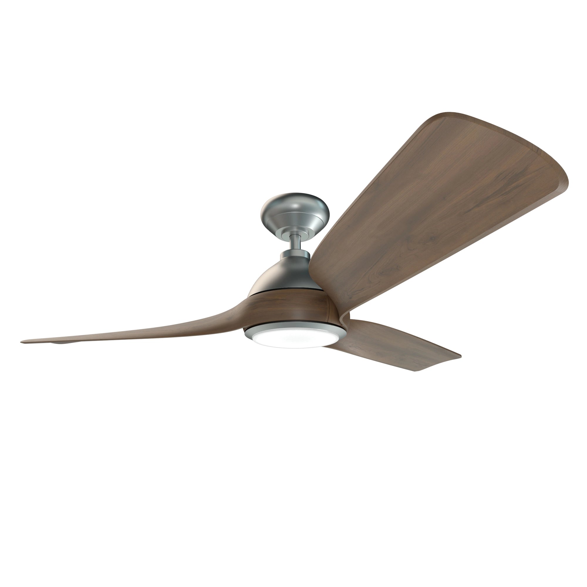 Angled side view of the Flora Smart Ceiling Fan highlighting aerodynamic blade design and walnut wood finish 