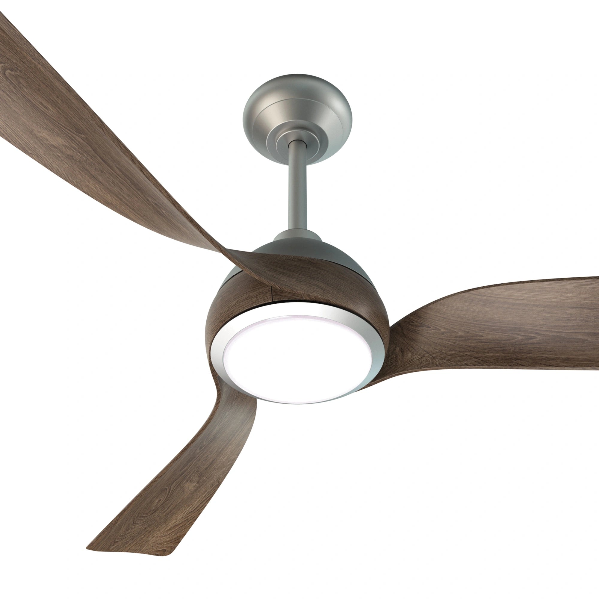 Close-up view of Flora Smart Ceiling Fan in walnut wood finish 