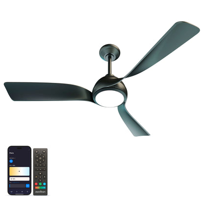 Flora Smart Ceiling Fan in pearl black finish, shown alongside the Atomi Smart app for light and brightness control 