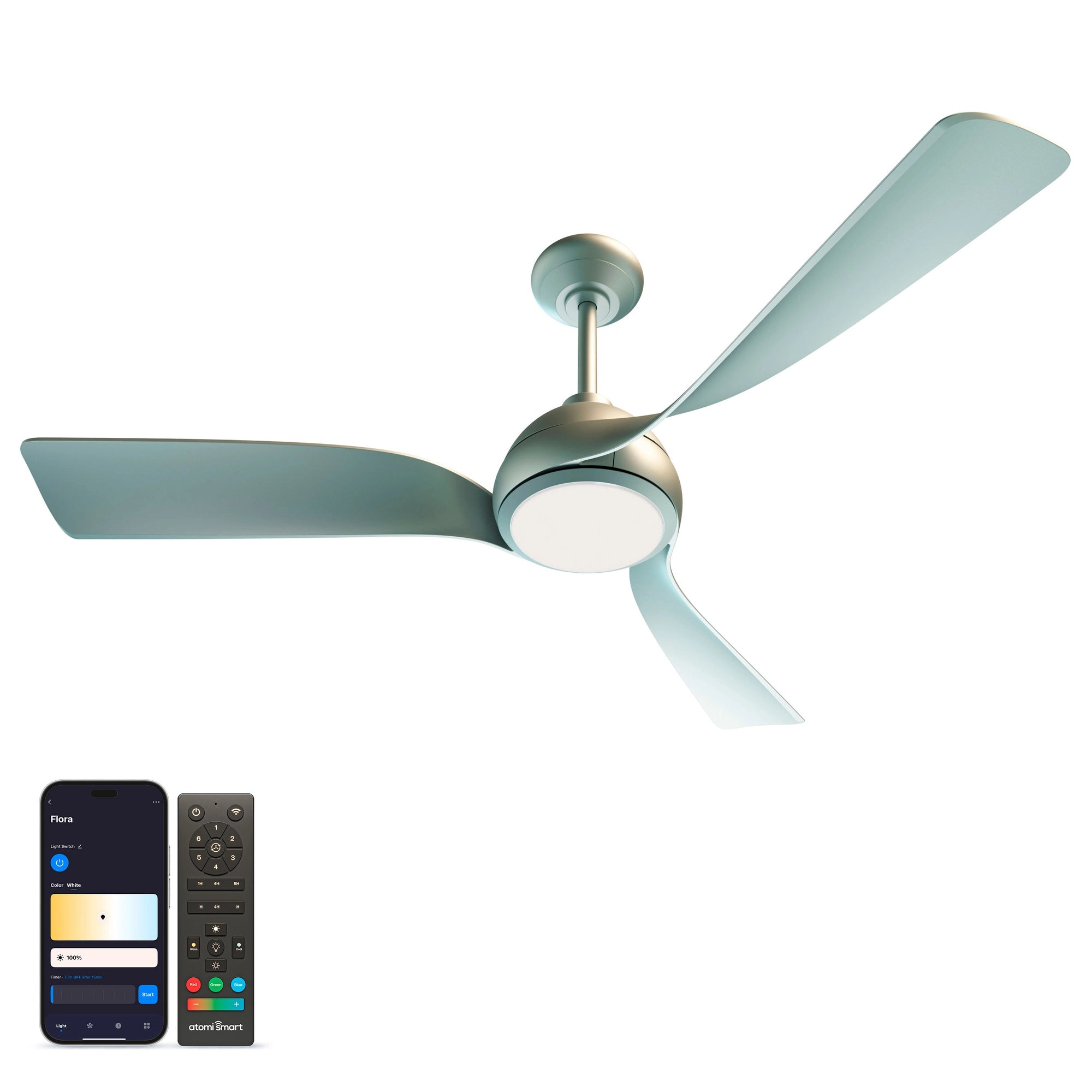 Flora Smart Ceiling Fan in silver finish, shown alongside the Atomi Smart app for light and brightness control 