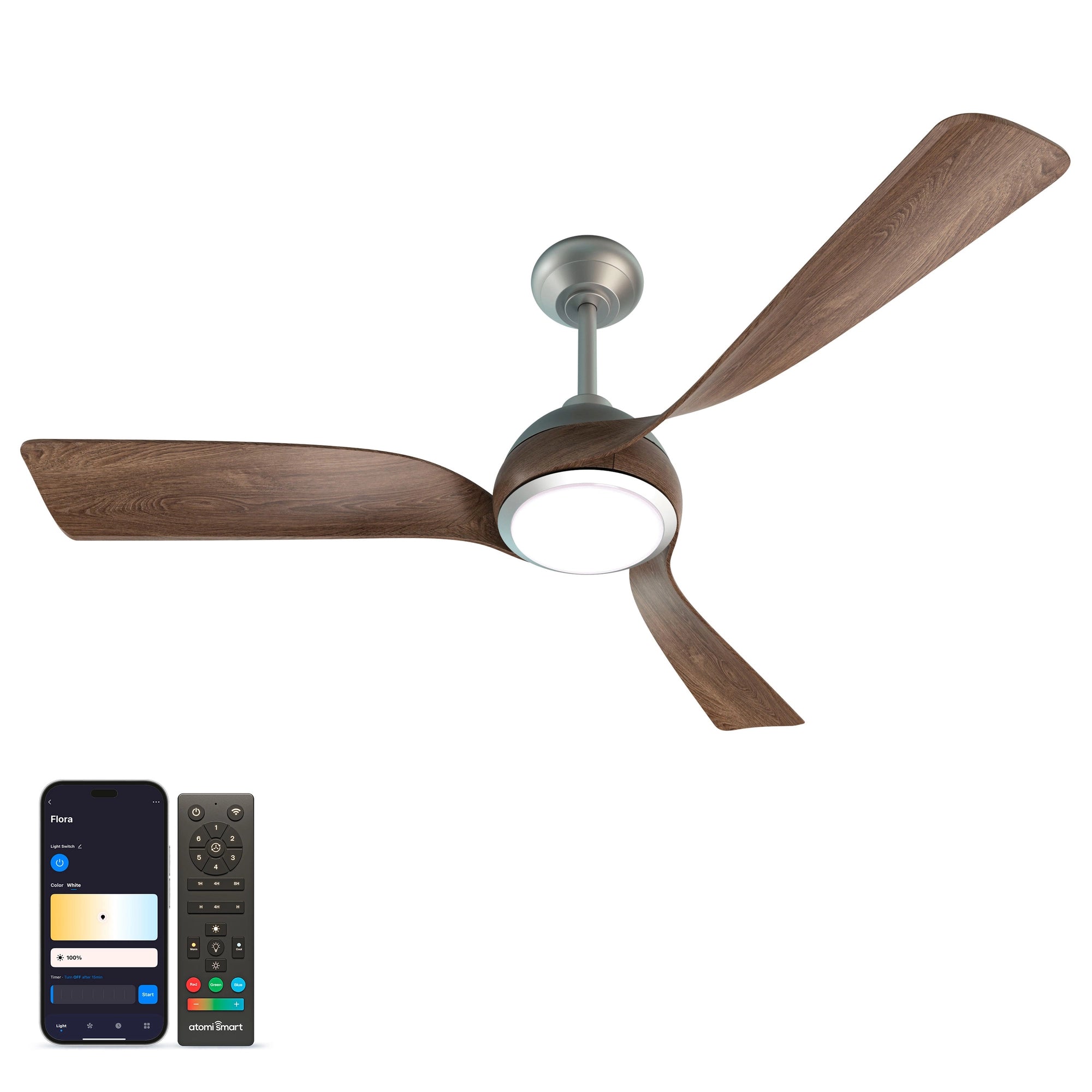 Flora Smart Ceiling Fan in walnut wood finish, shown alongside the Atomi Smart app for light and brightness control 
