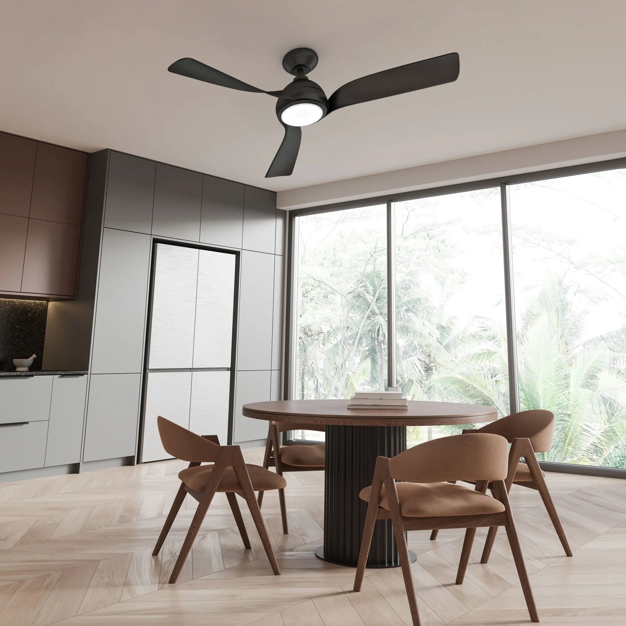 Flora Smart Ceiling Fan installed in a modern dining area with large windows and minimalist decor 
