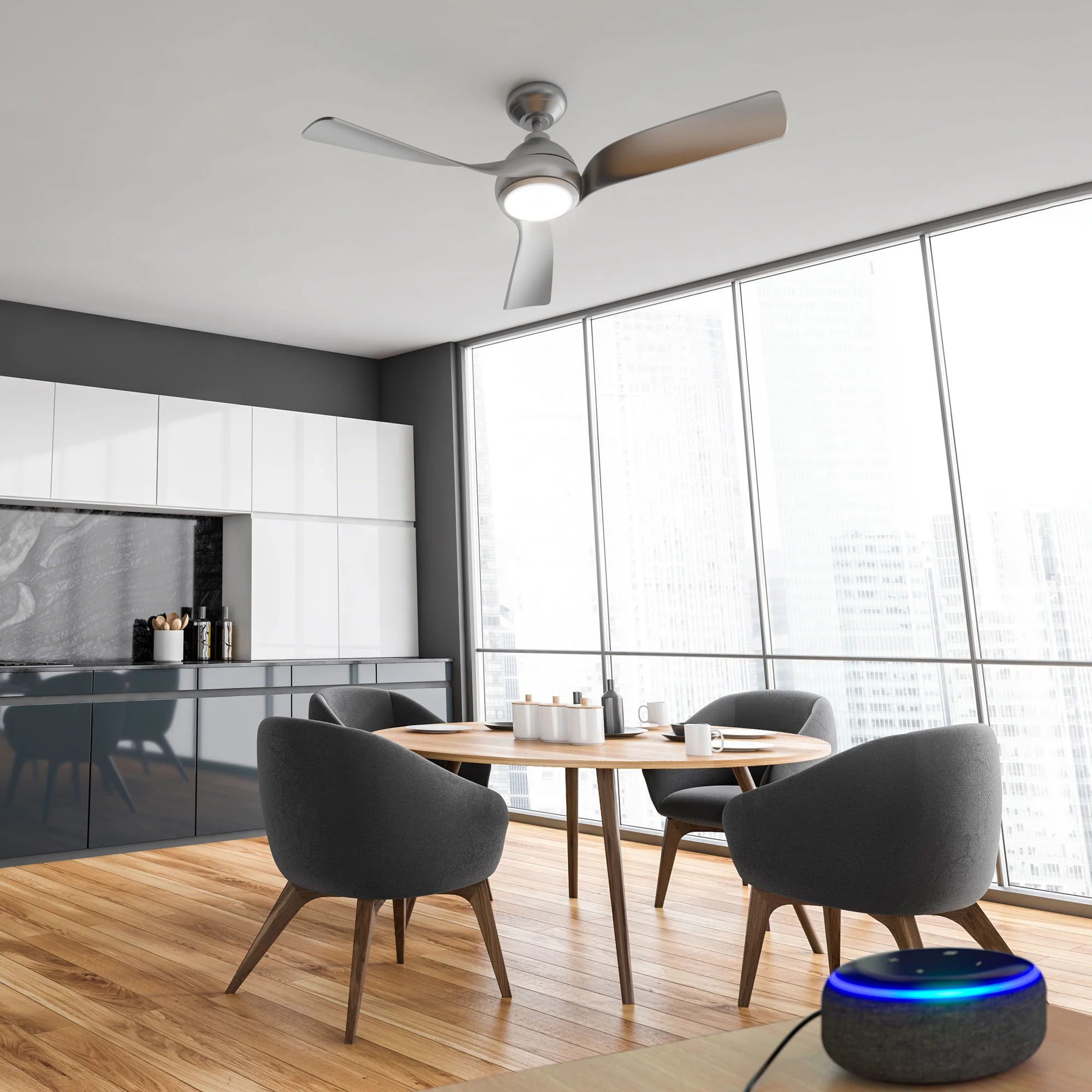Flora Smart Ceiling Fan installed in a modern dining area with large windows and minimalist decor 
