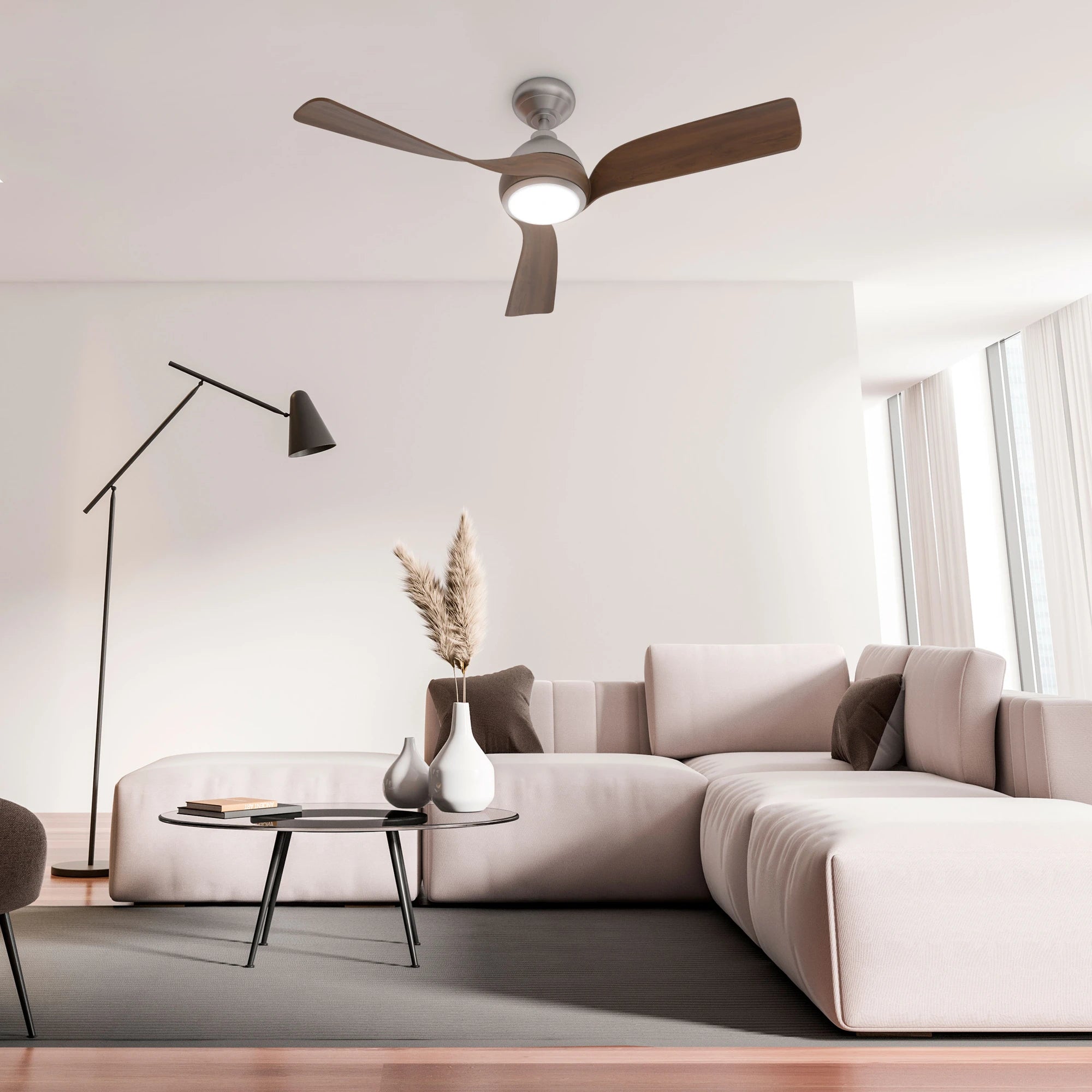 Flora Smart Ceiling Fan installed in a modern living room with minimalist decor 