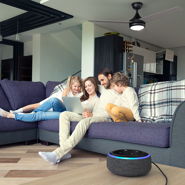 Room with family enjoying the Atomi Smart WiFi Ceiling Fan controlled by an Amazon Echo